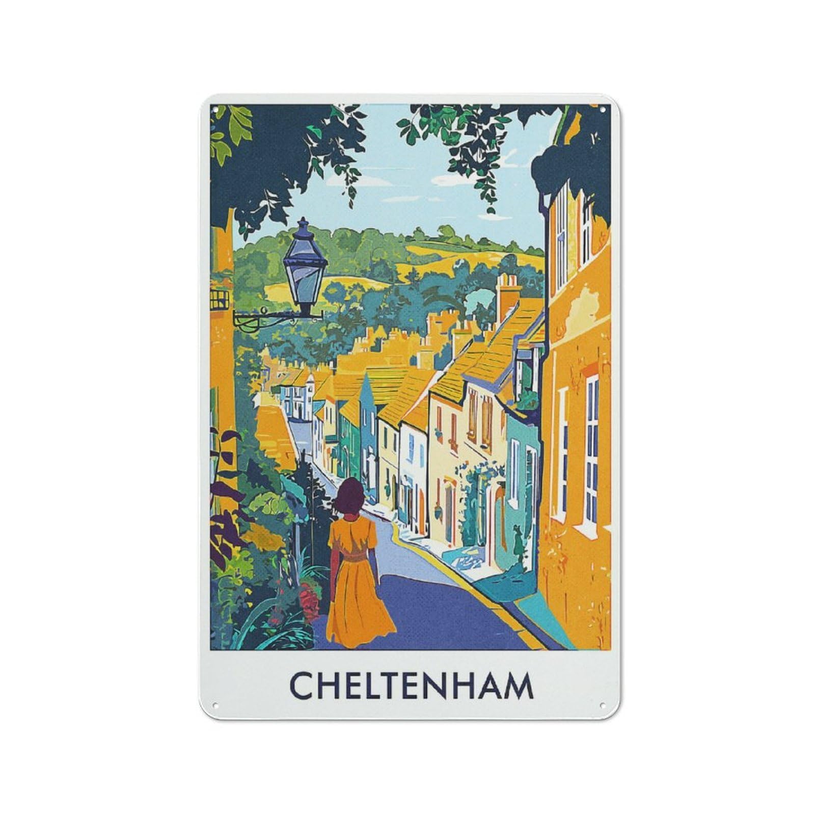 Junmoney Style-1 Cheltenham Town Illustration Everyday Metal Wall Decor 30X20cm, Decorative Tin Plaque For Flat, Dorm Room, Lounge Or Cafe