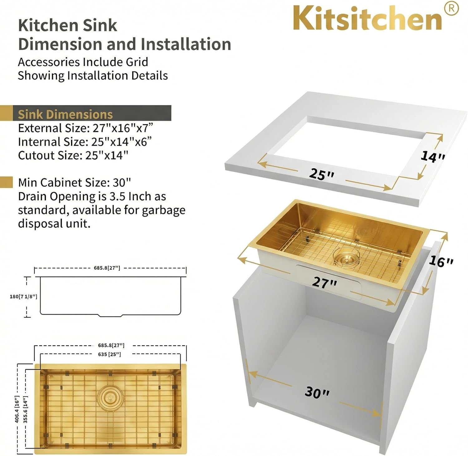 Kitsitchen Gold Ktichen Sink,Gold Undermount RV Kitchen Sink with Strainer & Bottom Gird, 27" x 16" x 7" Stainless Steel Single Bowl Kitchen Sinks Used at RV, Outdoor,Bathroom