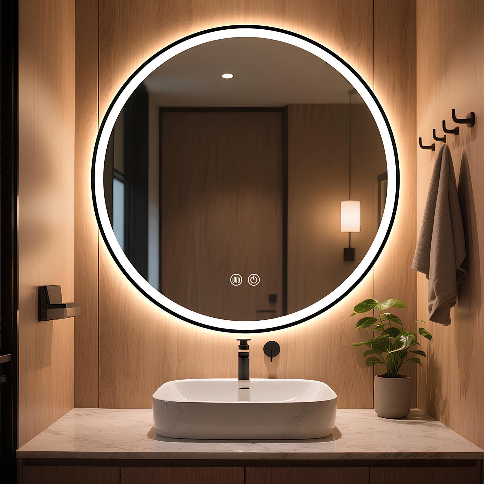 FGXHHS Round LED with Aluminum Frame, 50/60/70/80CM Wall Mounted Vanity Makeup Mirrors Illuminated Anti-fog, 3 Colors, Dimmable(Black,50cm/19.7in)