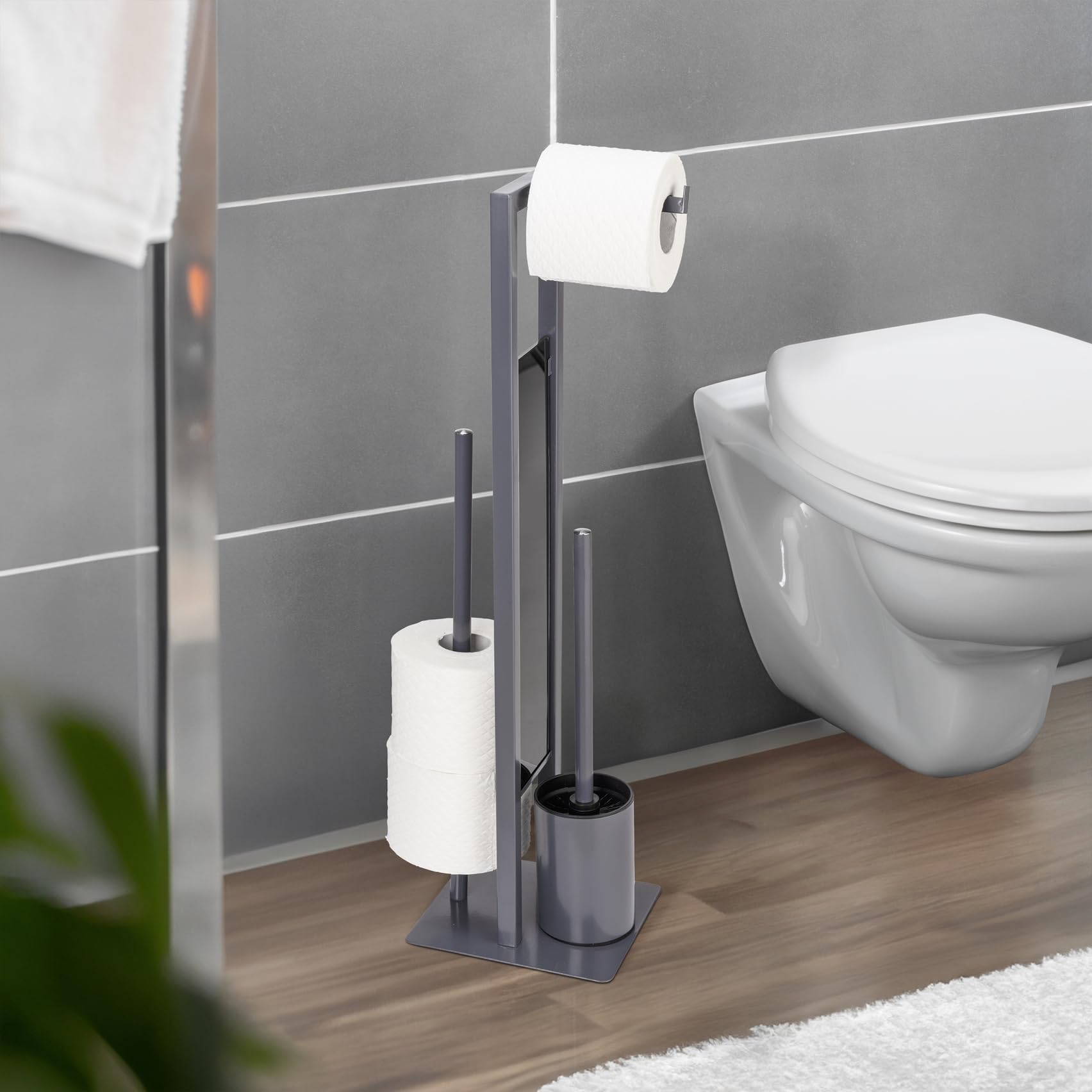 WENKO Colonna Portarotolo E Scopino WC Hella – Acciaio Verniciato Nero Opaco, Dimensioni 15×69×20 Cm, Design Industriale