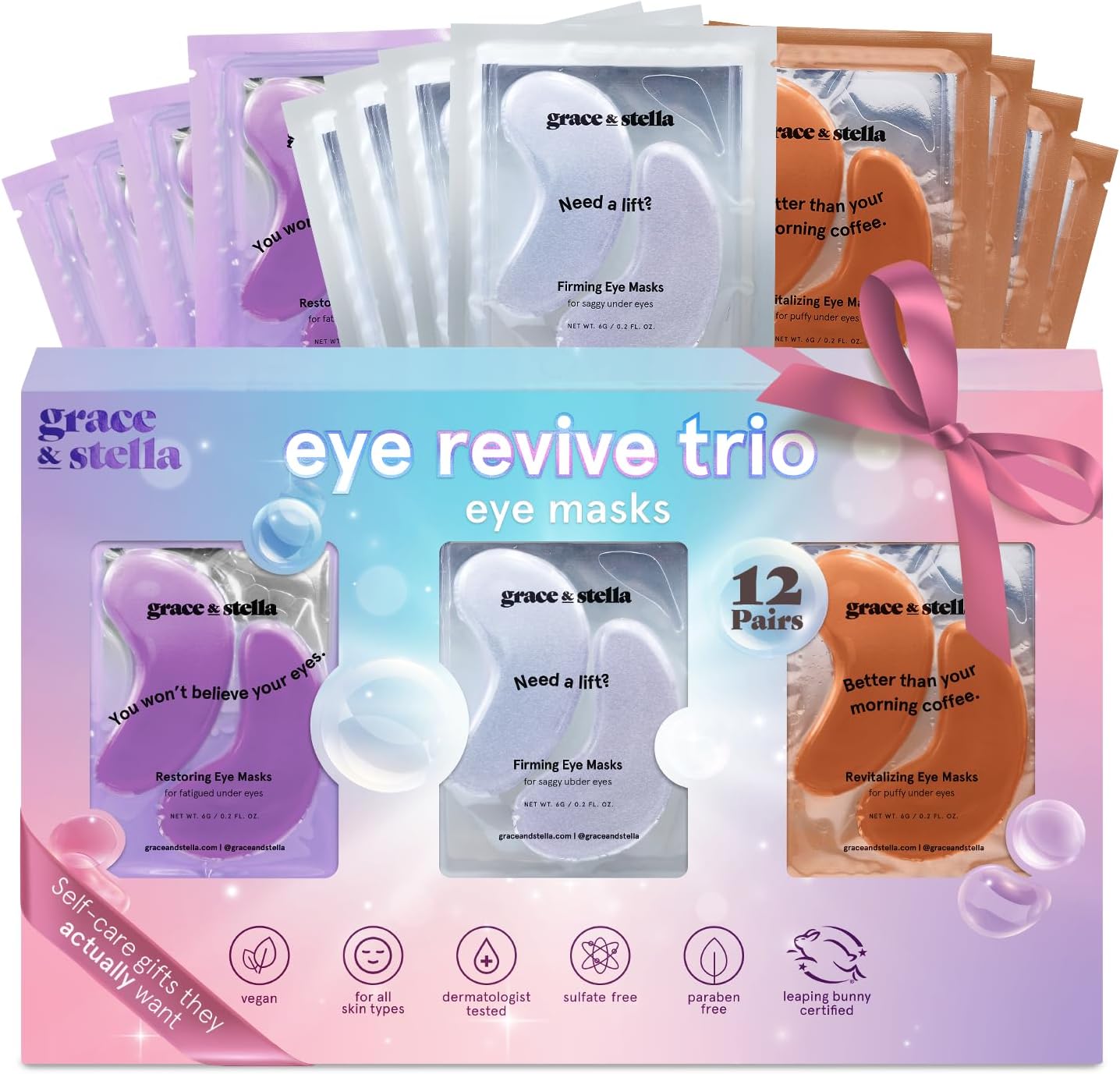 grace & stella Under Eye Patches (12 pairs) Eye Masks for Dark Circles and Puffiness - Valentines Gifts for Sister, Travel & Self Care Gifts, Bachelorette Party Favors - Vegan Cruelty-Free Skin Care