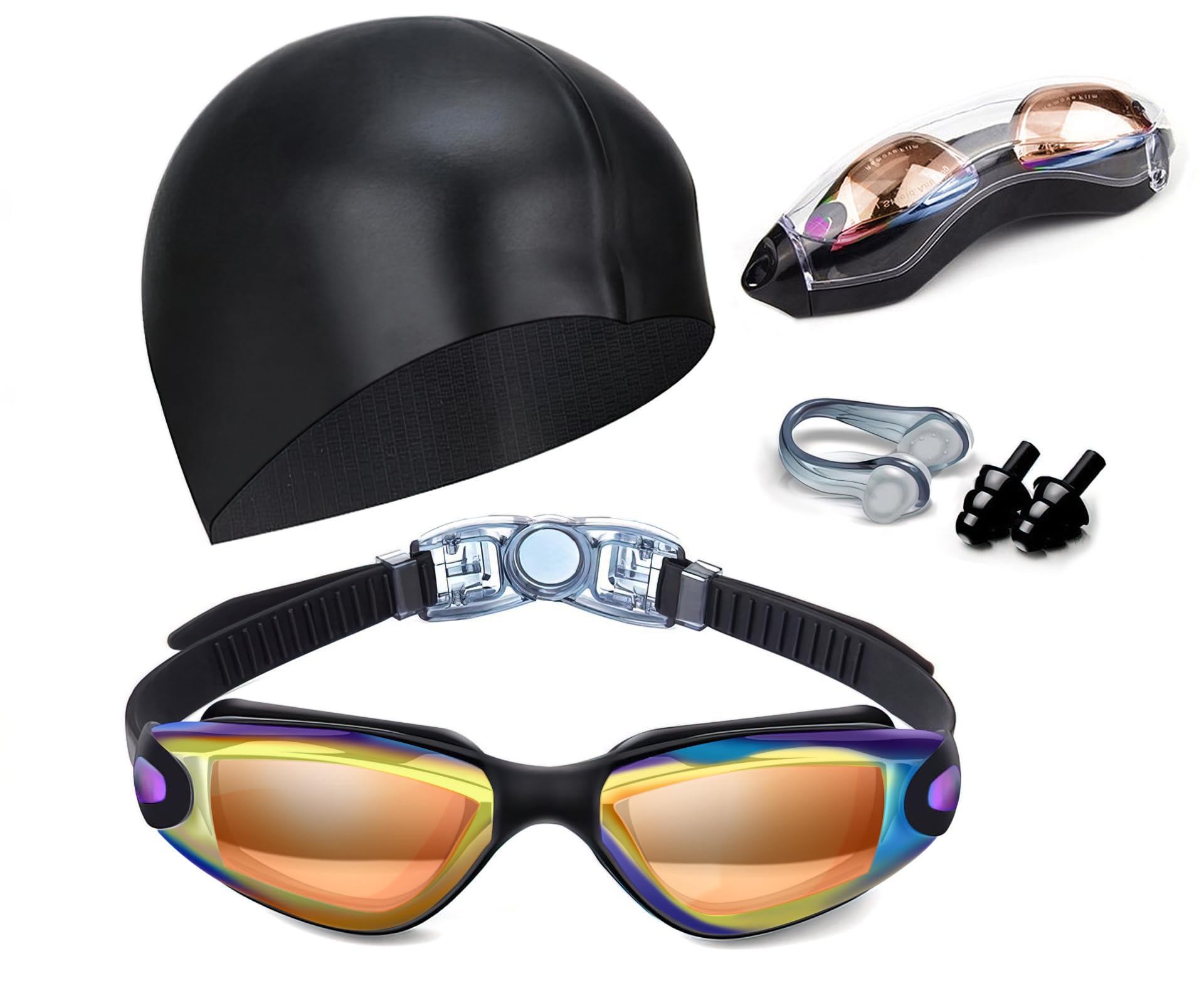 Swim Goggles Swimming Goggles No Leaking with Nose Clip, Earplugs, Swim Cap and Case for Men Women