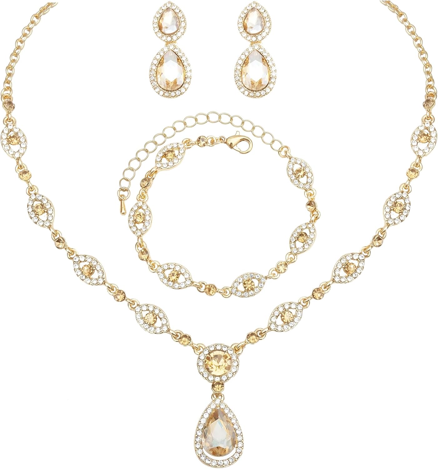 CSY Women's Elegant Teardrop Crystal Necklaces Dangle Earrings Bracelet Jewelry Sets for Brides Bridesmaids