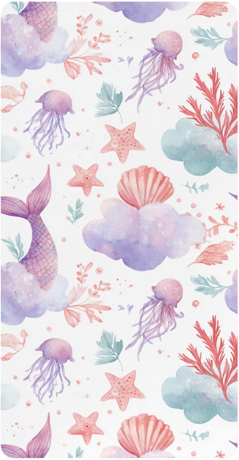 Watercolor Mermaid Tails Crib Sheets Soft Breathable Fitted Cotton Baby Crib Sheets Mattress Cover for Girl Boy, 52" x 28" x 9"