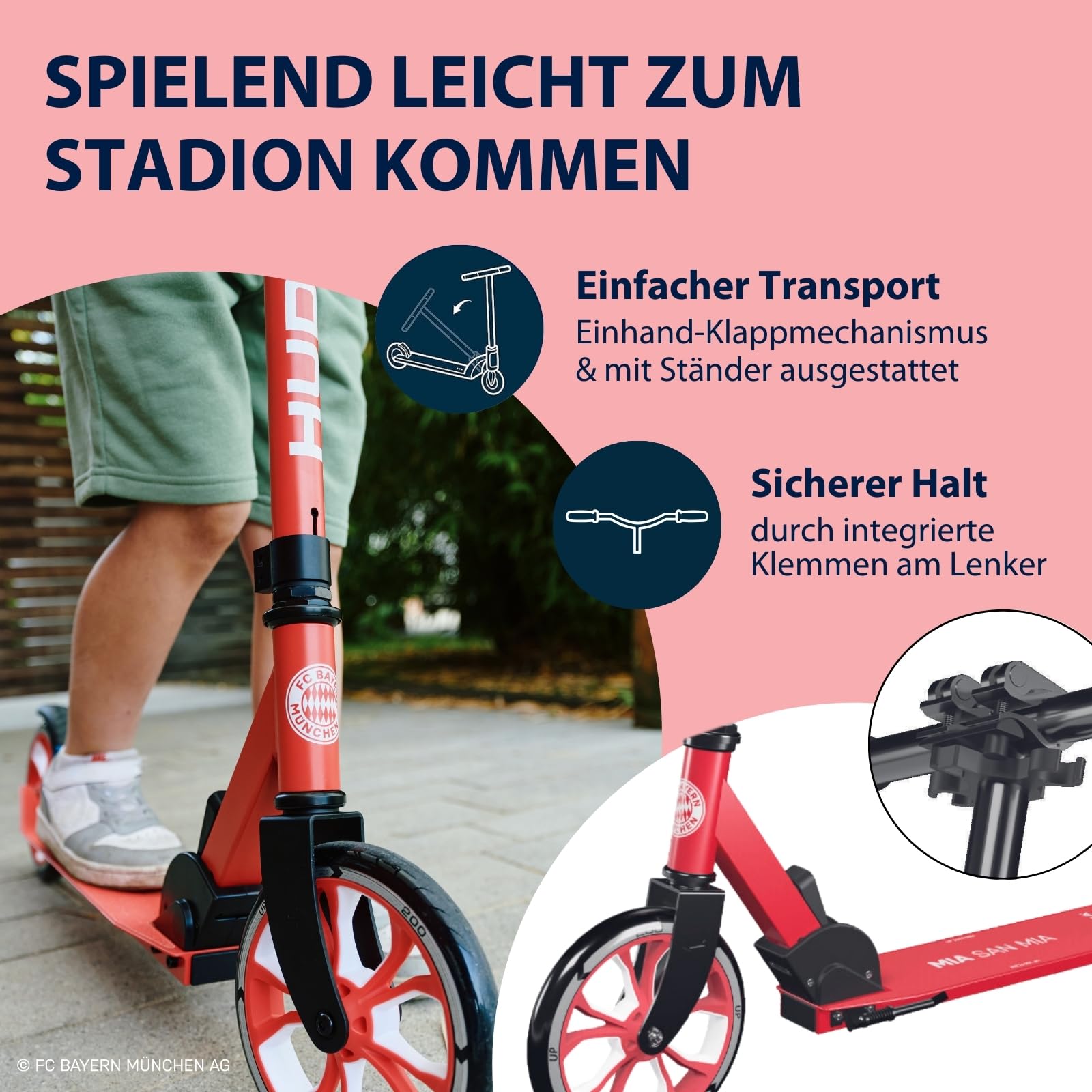 HUDORA Scooter Up 200 - Fanroller FC Bayern München Edition - FCB-Roller für Kinder/Jugendliche & Erwachsene bis zu 100 kg - Höhenverstellbarer FC Bayern Tretroller - Zusammenklappbarer Kick-Scooter