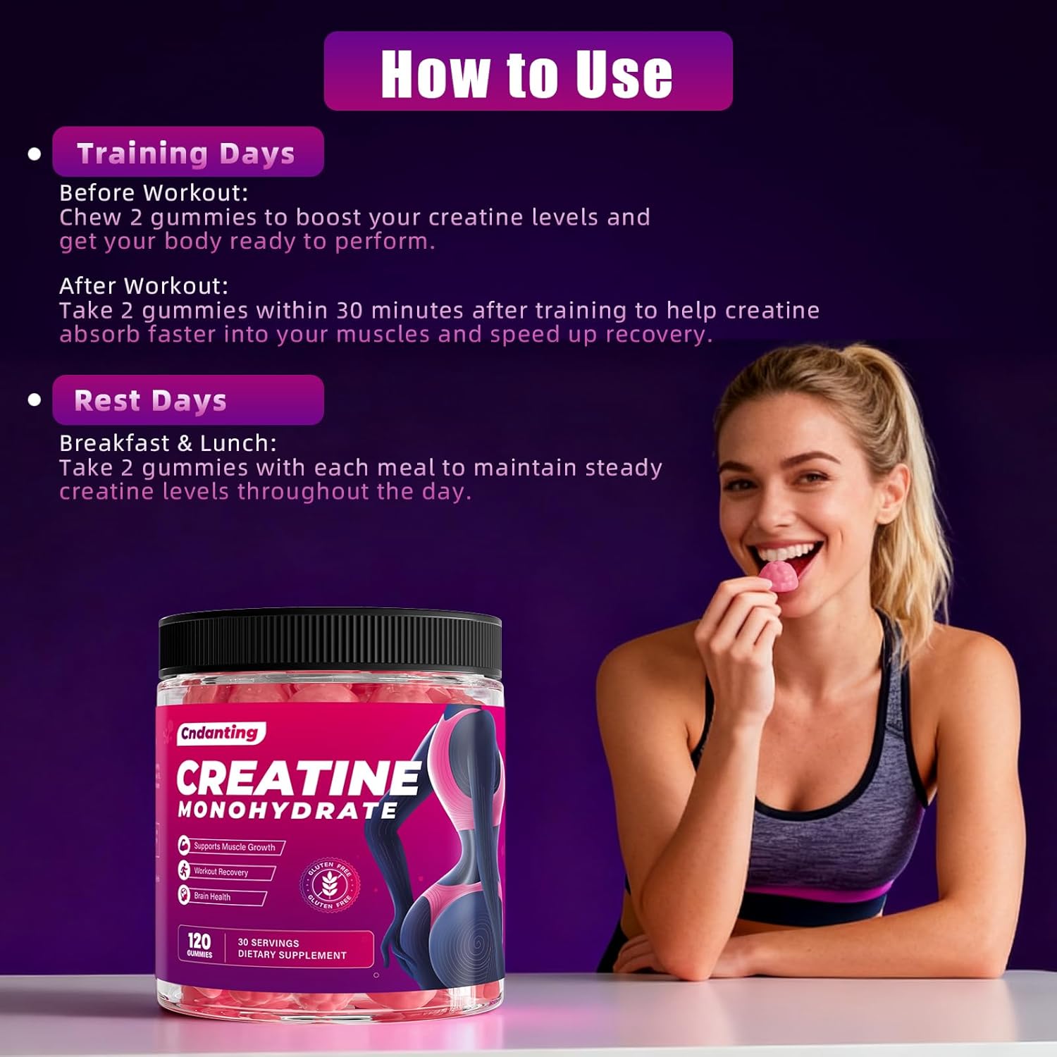 Creatine Gummies for Women 5000mg - Monohydrate Creatine Gummies, B12 & Folic Acid. Vegan Strawberry Flavor for Glute Shaping & Leg Toning. Bloating Free Muscle Recovery & Energy, 120 Count - Image 7