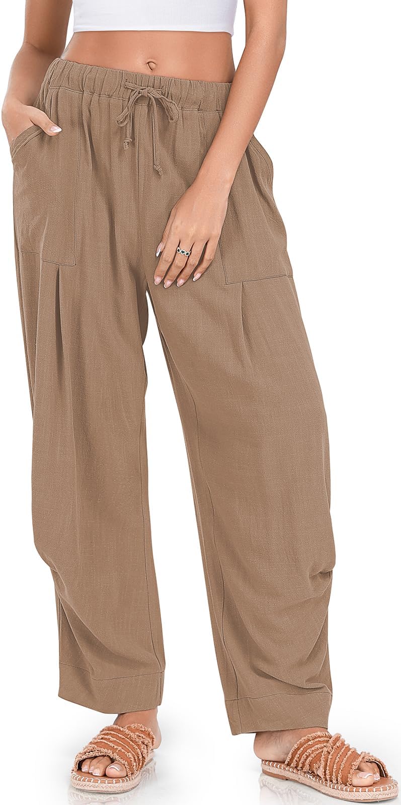 TARSEWomen Linen Baggy Harem Pants Summer Drawstring Casual Lounge Pant 2024 Beach Travel Vacation Clothes with PocketsGlobal Recycled StandardGlobal Recycled StandardGlobal Recycled Standard