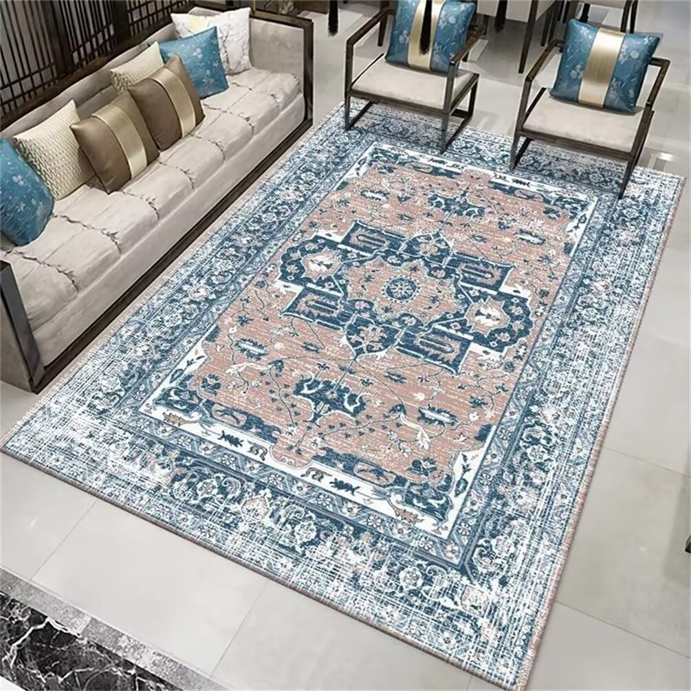 Tapis de salon XXL bleu ciel vintage lavable en vinyle floral pour salle à manger 50x80cm