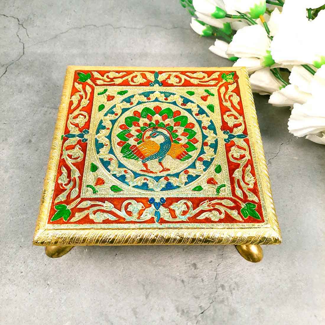 APKAMART The Online Shop Pooja Chowki Bajot | Minakari Chauki, Pooja Bajot (8 Inch; Multicolour) for Religious Decor & Gift Article, Wood