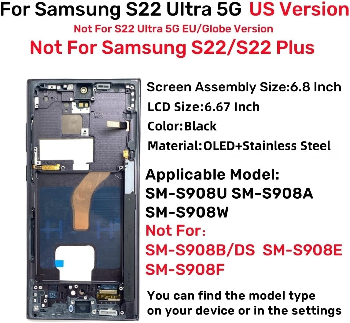OLED for Samsung Galaxy S22 Ultra 5G LCD Display Screen Assembly Replacement for Samsung S22 Ultra Touch Digitizer Screen with Frame Toolkits S908U S908A US Version (Black)