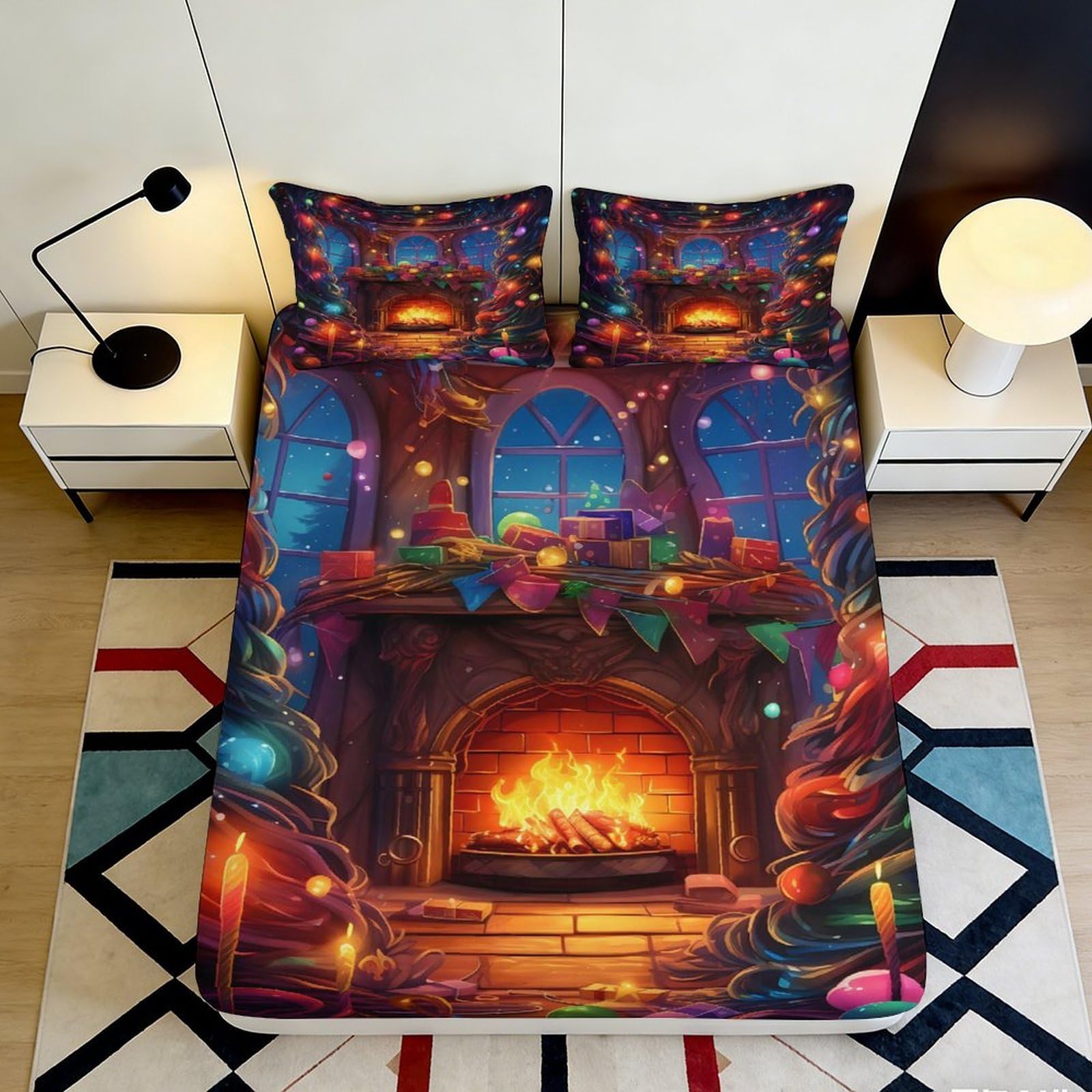 3D Printed Fireplace Decor Fitted Sheet Microfiber Deep Pocket Non-Slip Bedroom Bedding Fireplace Mattress Fitted Cover 140x200x25cm