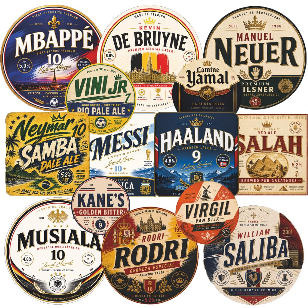 International Football Beer Coasters – Set of 16 Premium Drink Mats Featuring World Stars – World Cup Party Decorations, Football Fan Gifts, Home Bar & Match Day Accessories