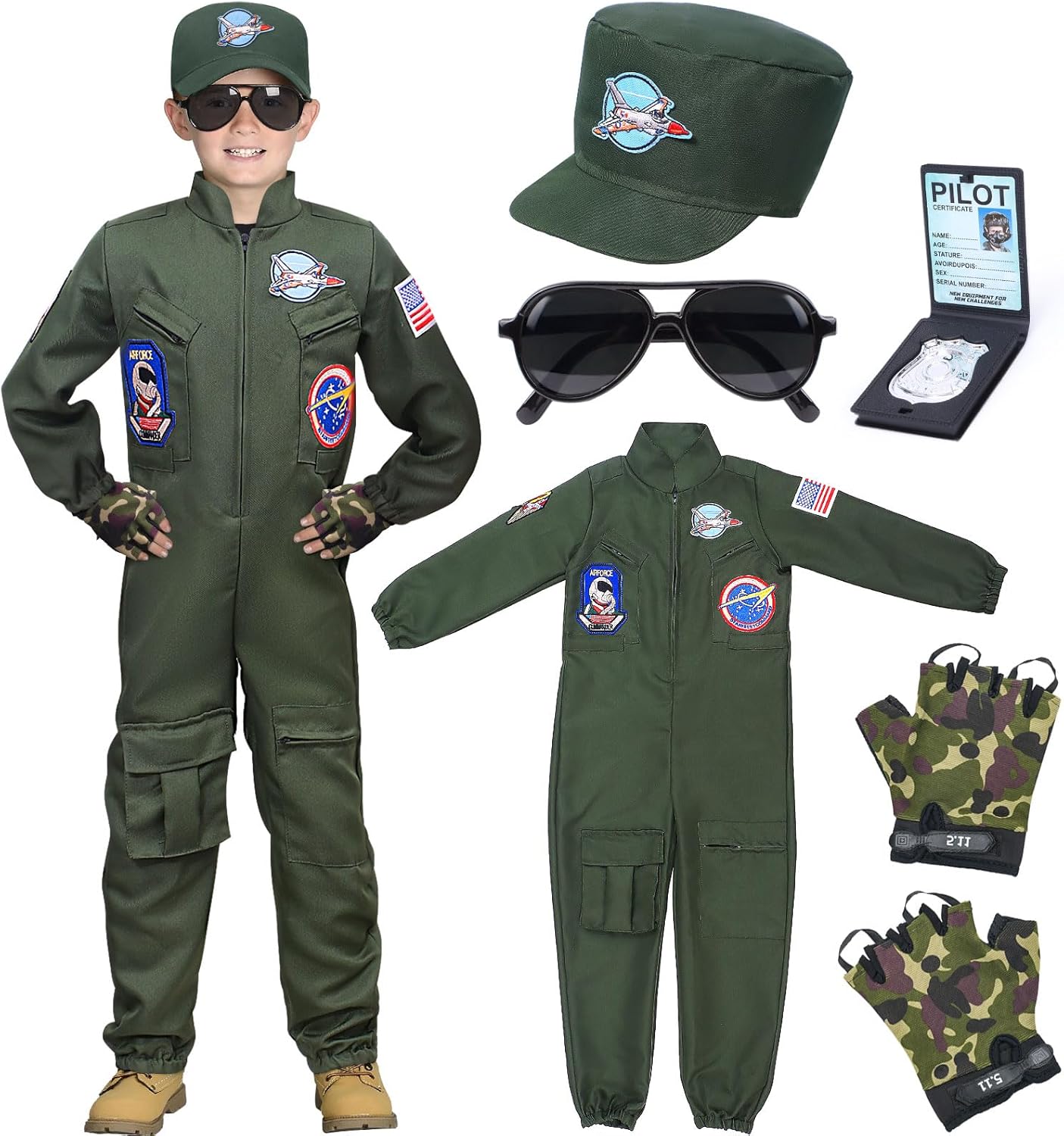 Tacobear Fighter Pilot Costume for Kids Boys Air Force Flight Suit Army Aviator Dress Up Accessory Halloween Birthday Cosplay