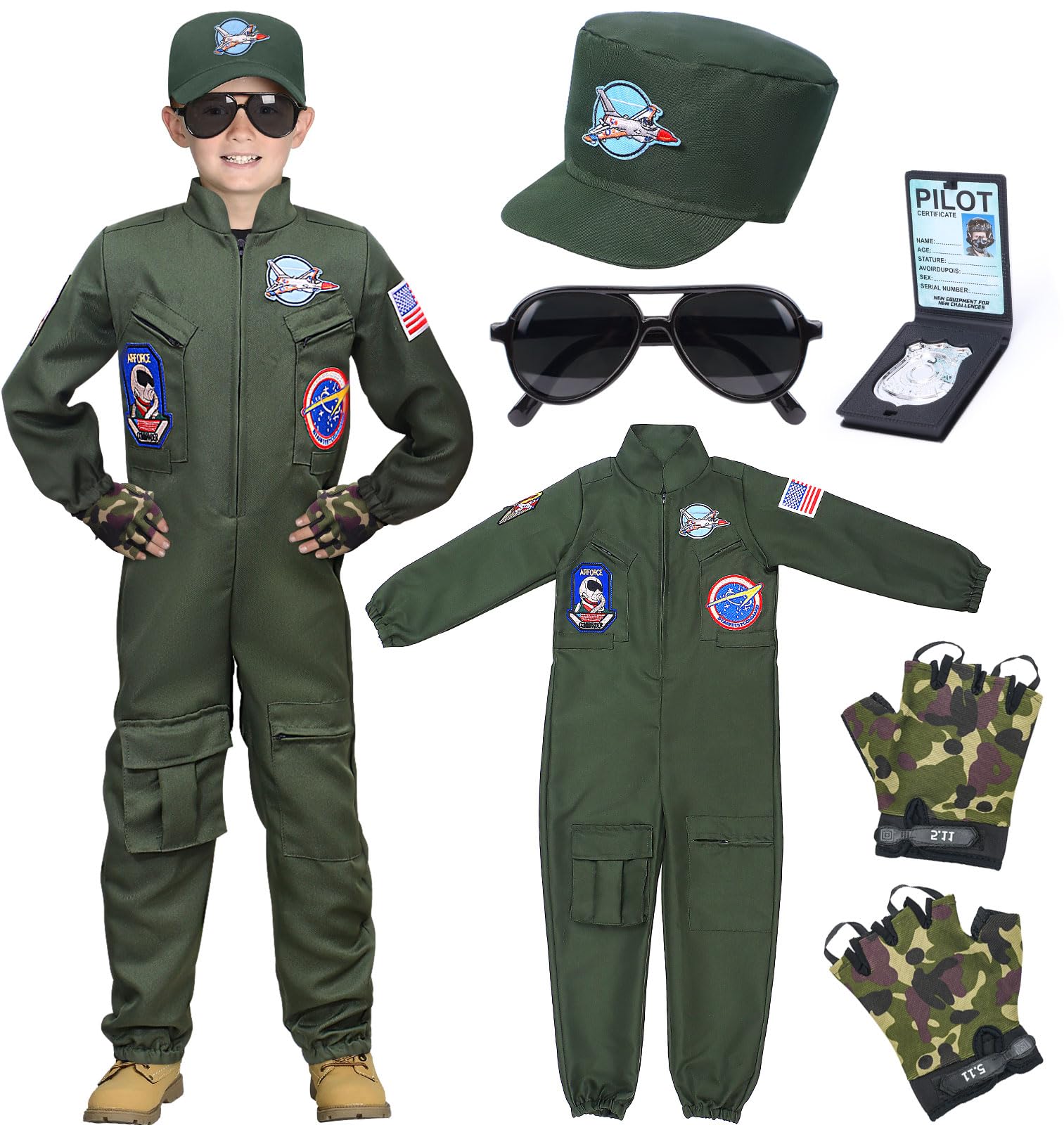 Tacobear Fighter Pilot Costume for Kids Boys Air Force Flight Suit Army Aviator Dress Up Accessory Halloween Birthday Cosplay