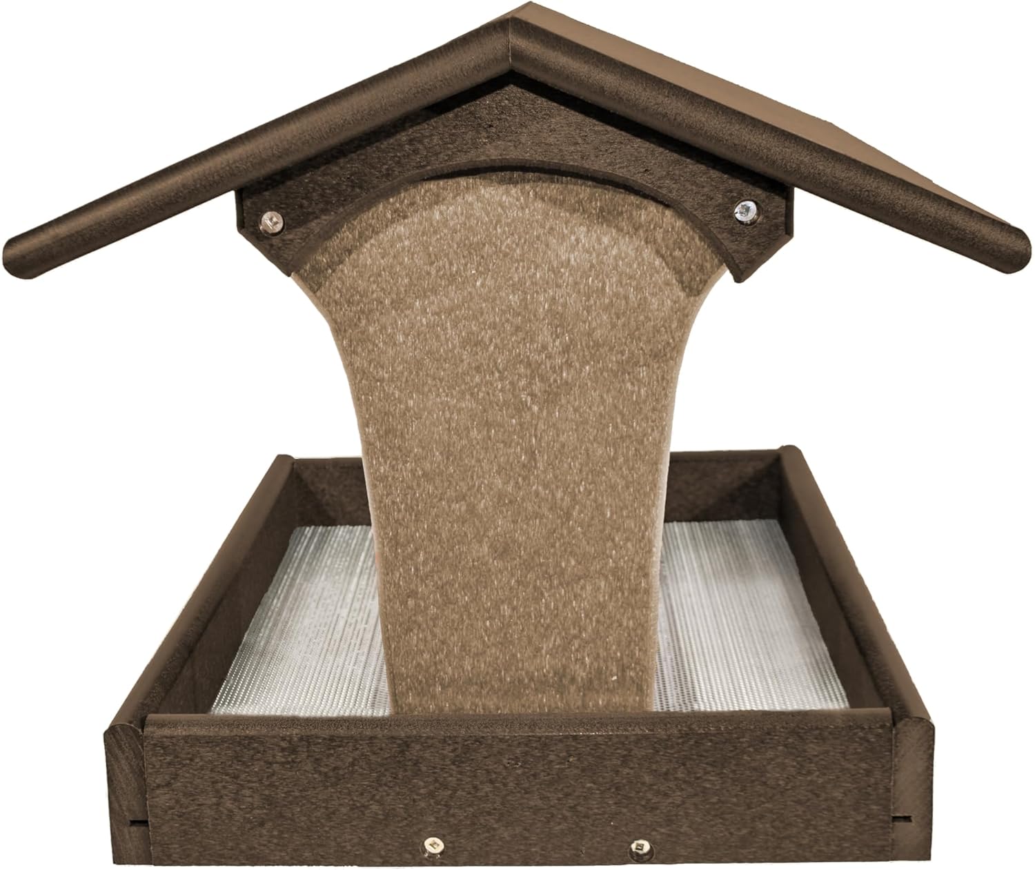 DutchCrafters Fly by Plastic Poly Post Mount Bird Feeder with Covered Roof for Wild Birds - Durable, All Weather Birdfeeder Tray for Outdoors (Tudor Brown & Weathered Wood)