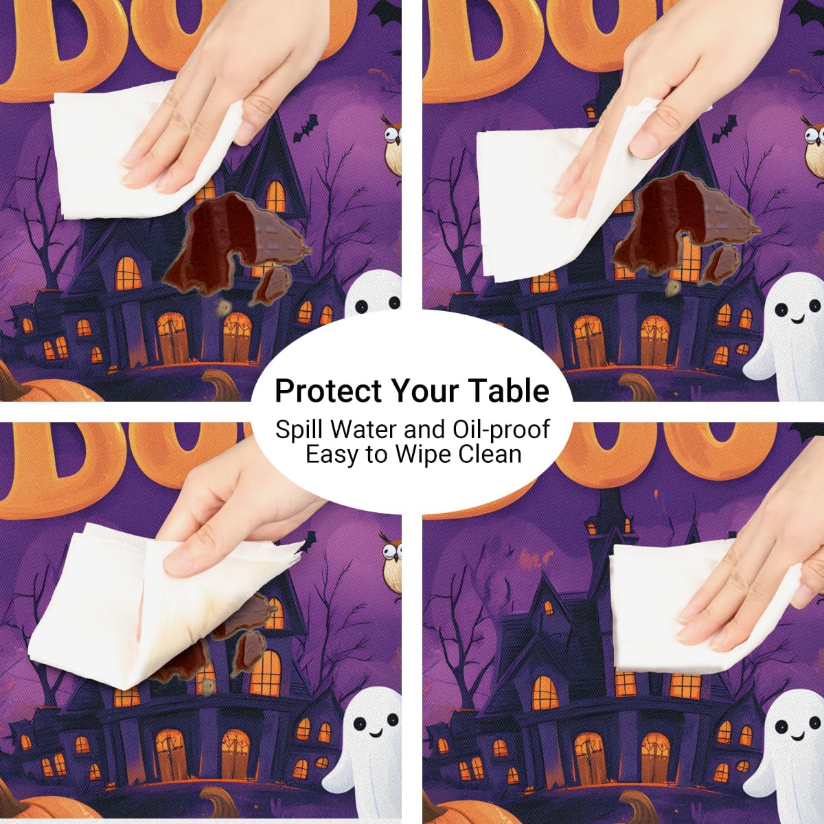 Halloween Pumpkin Castle Boo Round Fitted Tablecloth with Elastic Edge, Halloween Waterproof Wipeable Table Cover Washable Indoor Outdoor Circle Cover for Tables Dining Kitchen Picnic Patio 45"-50"