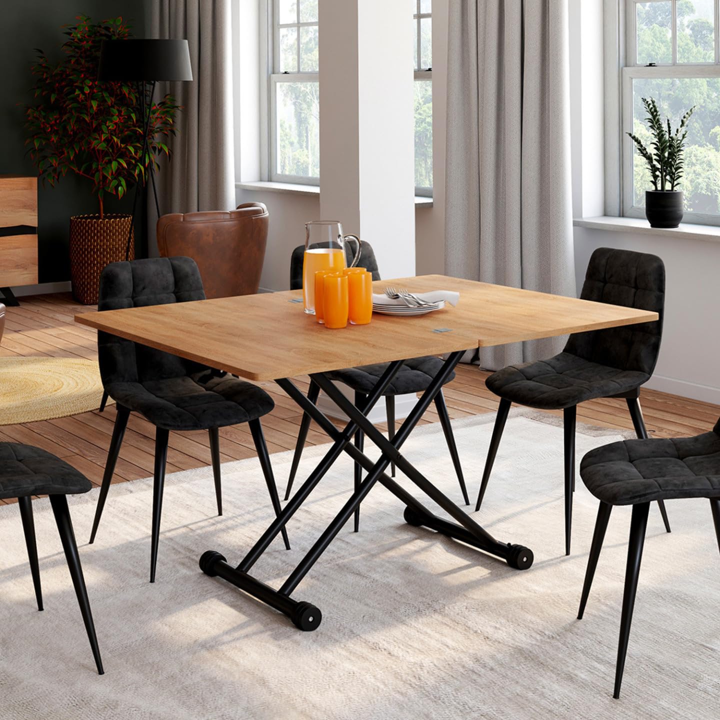 IDMarket - Table Basse Extensible relevable en Table à Manger rectangulaire Urbana Plateau façon hêtre Pied Noir Design Industriel