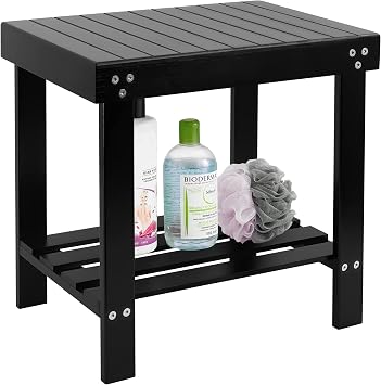 VaeFae Bamboo Spa Bench Wood Seat Stool Foot Rest Shaving Stool with Non-Slip Feets Storage Shelf for Shampoo Towel,Works in Bathroom/Living Room/Bedroom/Garden Leisure Black