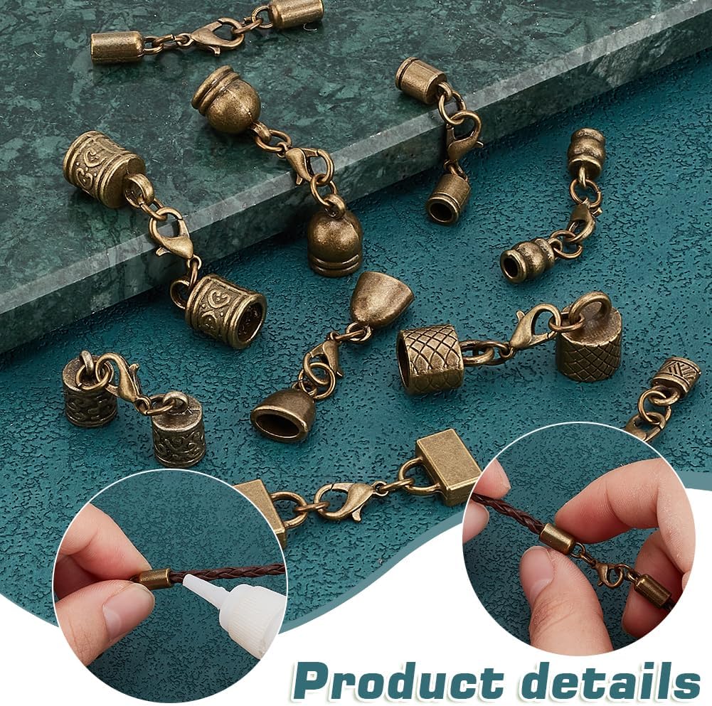 PH PandaHall 10 Styles Tibetan End Caps, 20 Sets Leather Cord End Caps Alloy Tube Barrel End Tip with Lobster Clasp Rope End Caps with Ring Connector for Necklaces Bracelet Jewelry Making - Image 4