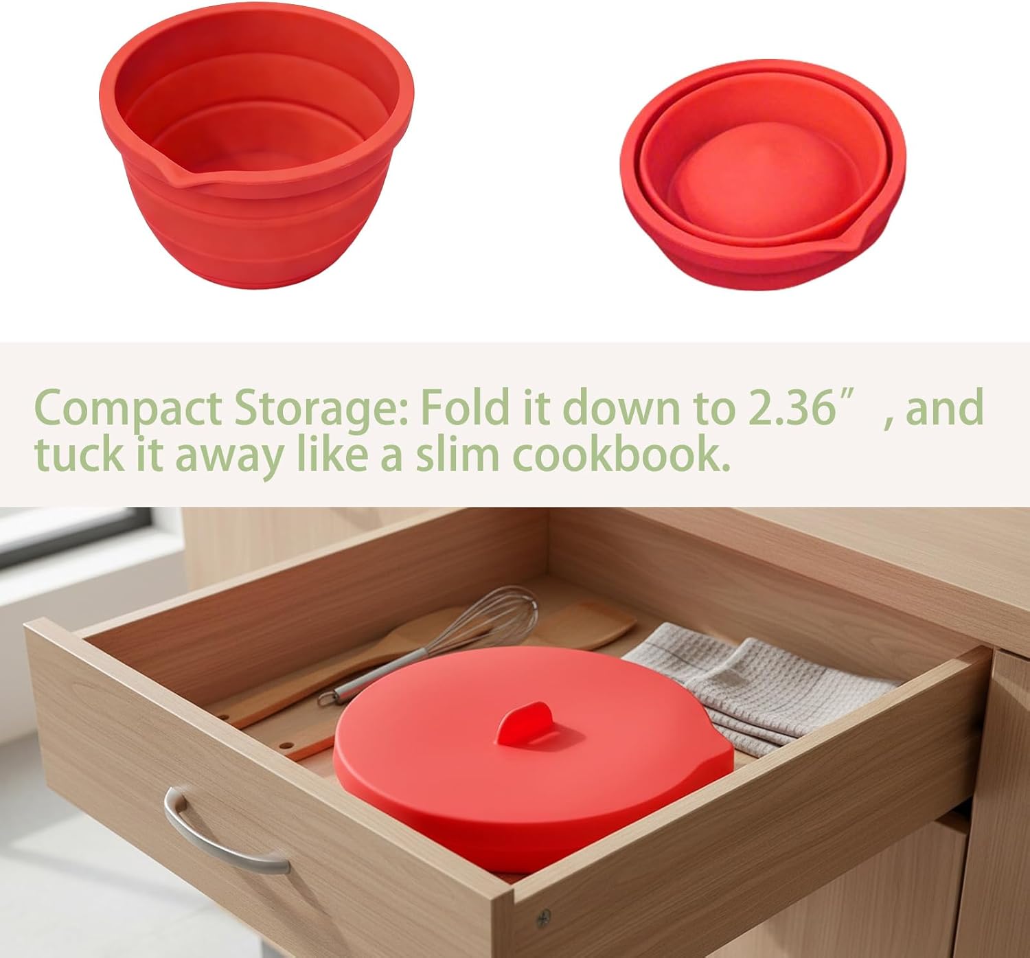 Collapsible Silicone Bowl Liners with Lids for 5 Qt Stand Mixers - Folds Flat, BPA-Free Food Grade, Easy Storage (1-Pack, Red) - Image 3