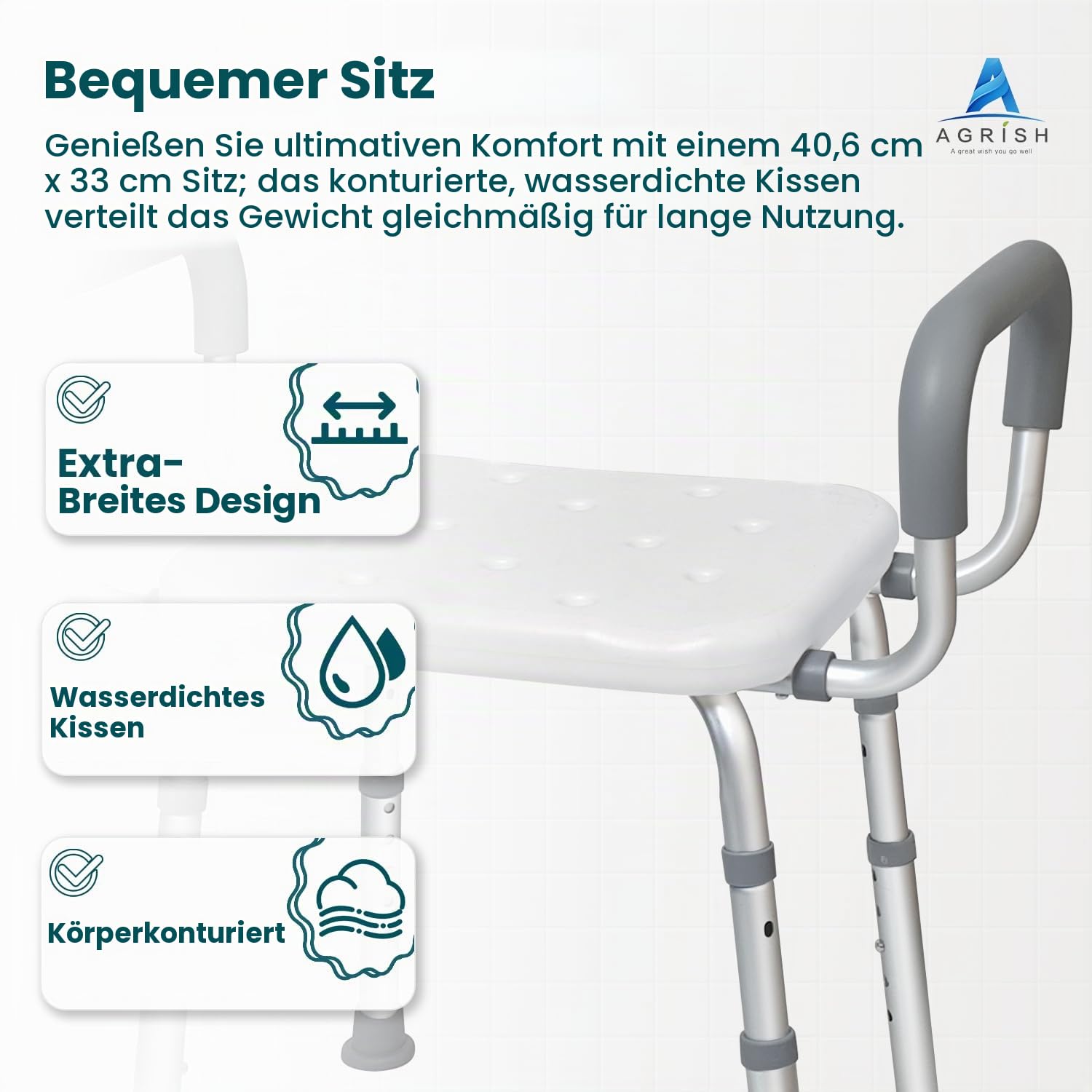 Agirsh Duschhocker für Senioren 160 kg Belastbar | Höhenverstellbarer Badhocker(38-51 cm), leichter Aluminium-Duschhocker, Badhocker für die Dusche, Einfache Installation