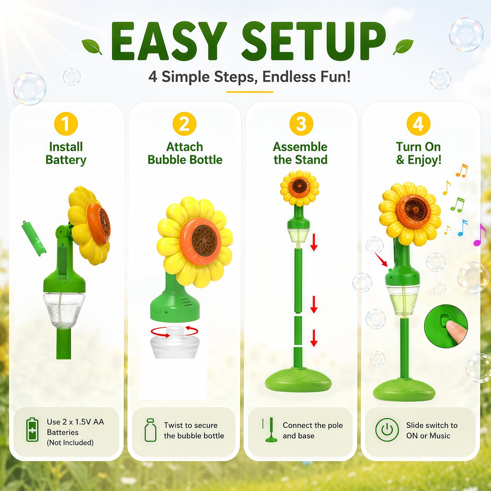 Máquina de burbujas de jabón para niños, girasoles, de pie, con batería, con luz LED y música, 150 ml + 20 x líquido de burbujas para cumpleaños/fiesta/boda