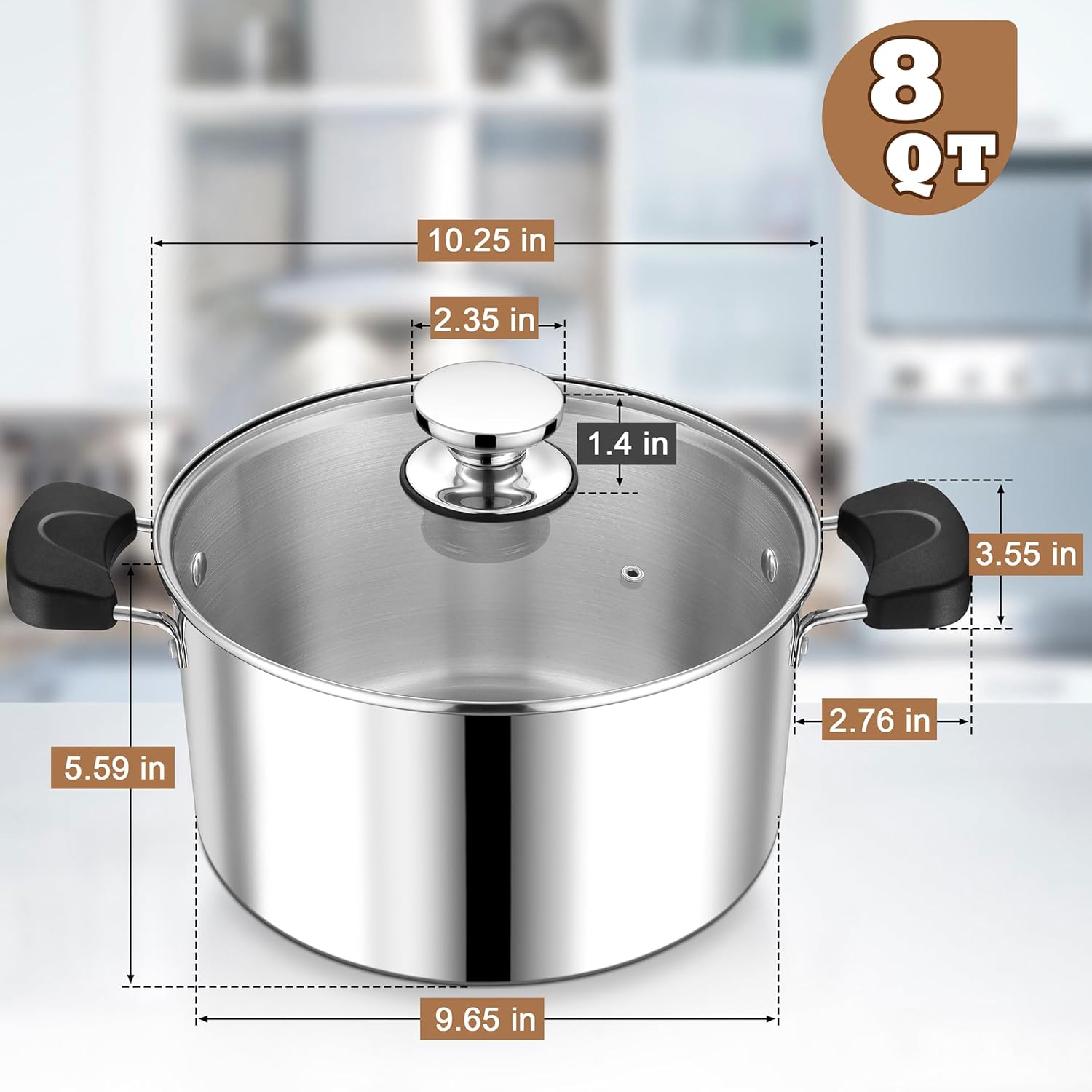 8 Quart 3-Ply Cooking Stock Pot with Lid, P&P CHEF Stainless Steel Large Pot for Pasta Soup, Work on Multi Stove, Heavy Duty & Dishwasher Safe, Dual Heat-resistant Handles & Transparent Glass Lid - Image 2