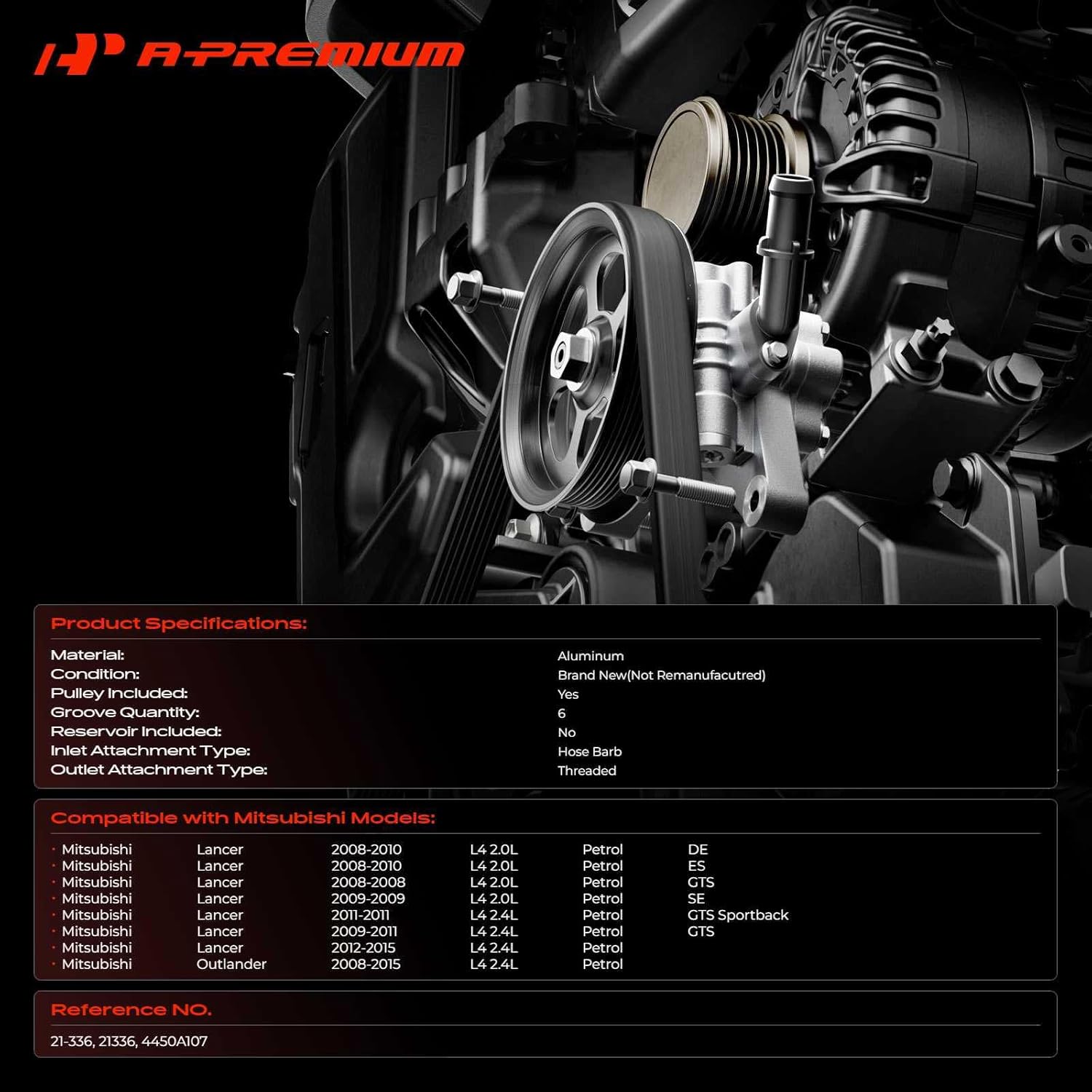 A-Premium Power Steering Pump, with Pulley, Compatible with Mitsubishi Lancer 2008-2015, Outlander 2008-2015, 2.0L 2.4L