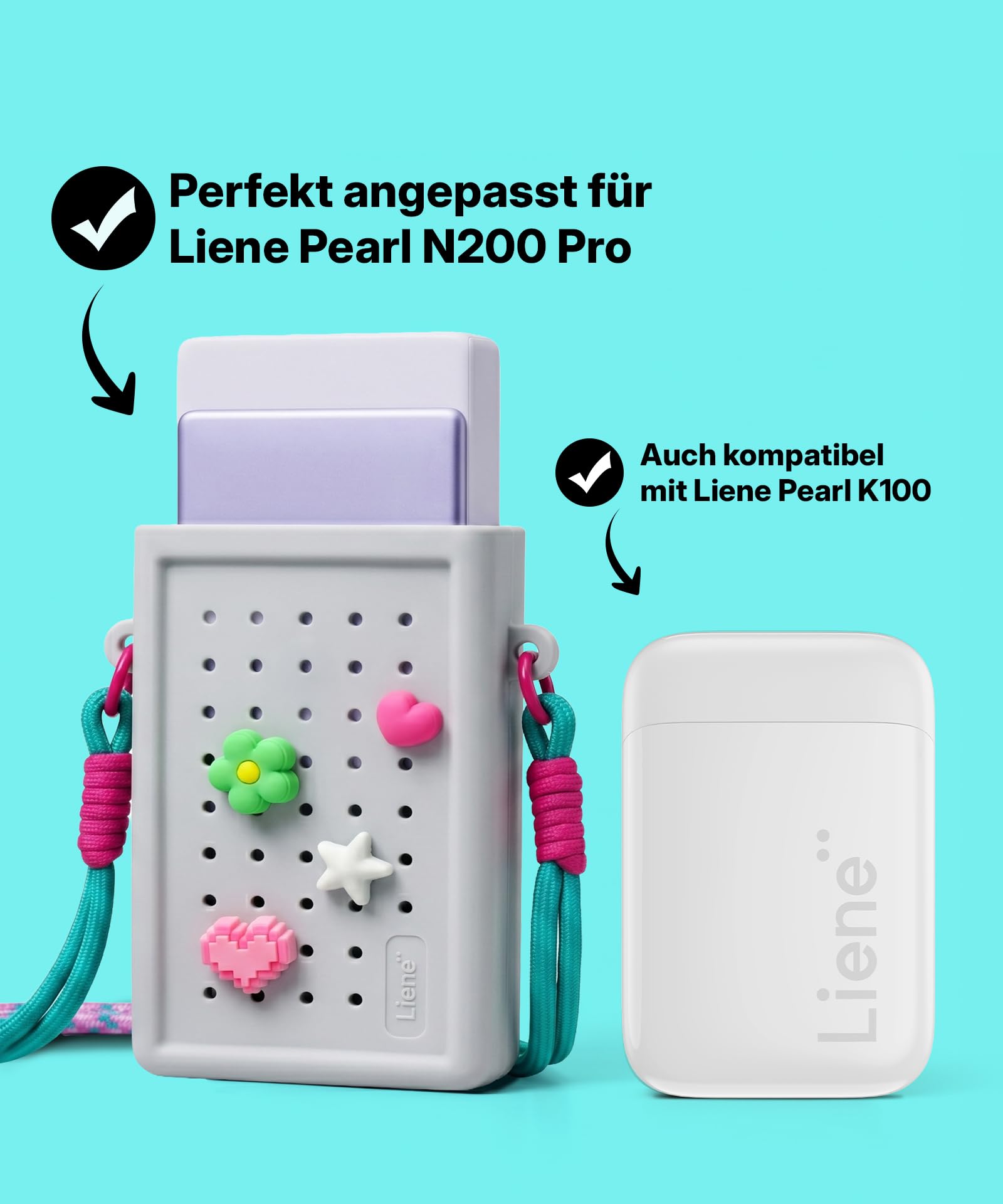 Liene DIY Silikon-Umhängetasche für Pearl N200 Pro Tragbarer Mini Fotodrucker – Schutzhülle in Grau mit abnehmbarem Trageriemen & DIY-Anhängern – lebensmittelecht, wasserfest, stoßfest – für unterwegs