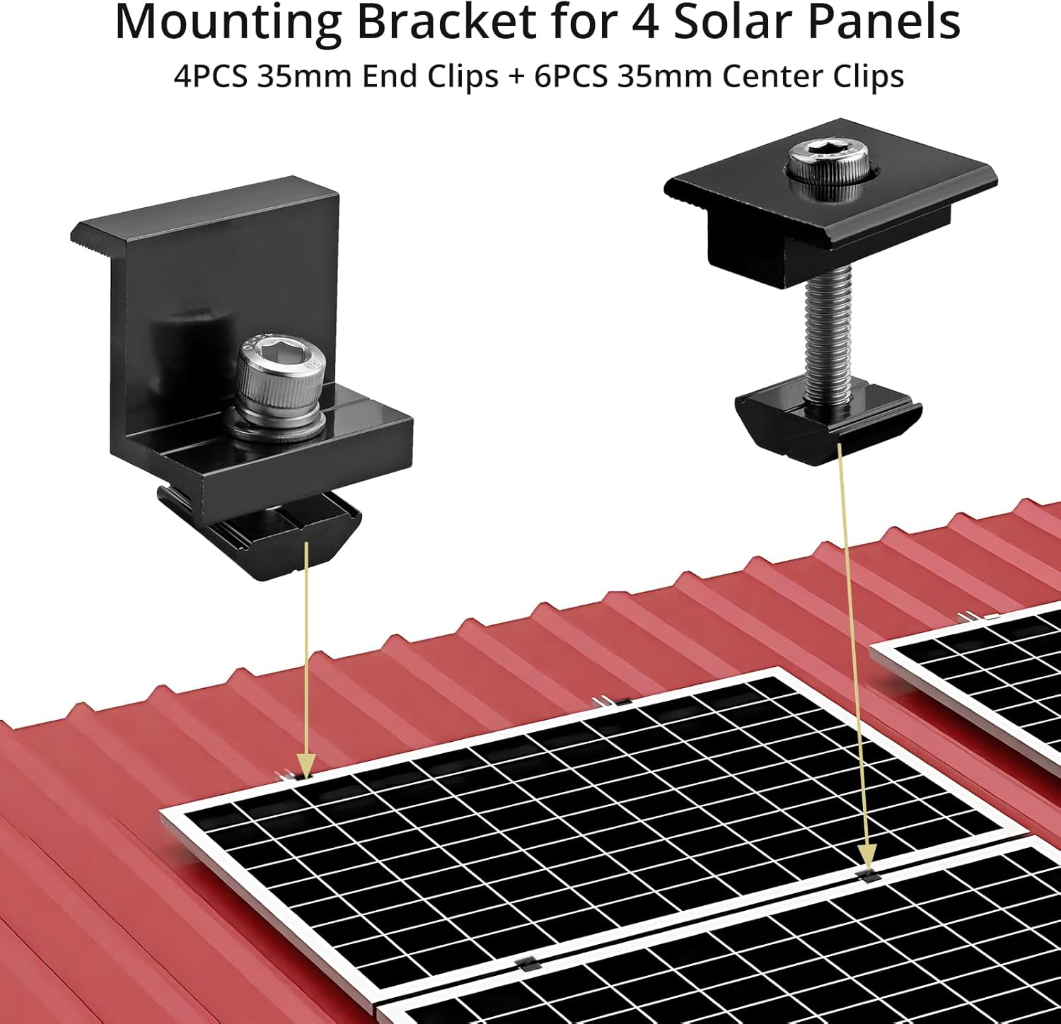 Anbte 10 PCS Solar Panels Brackets 35mm, Aluminium 6 x T-Shaped Mid Clamps + 4 x End Clamps, Solar Panel Mounting Brackets for Metal, Tin, Flat, Sheet Roofs, RV, Black
