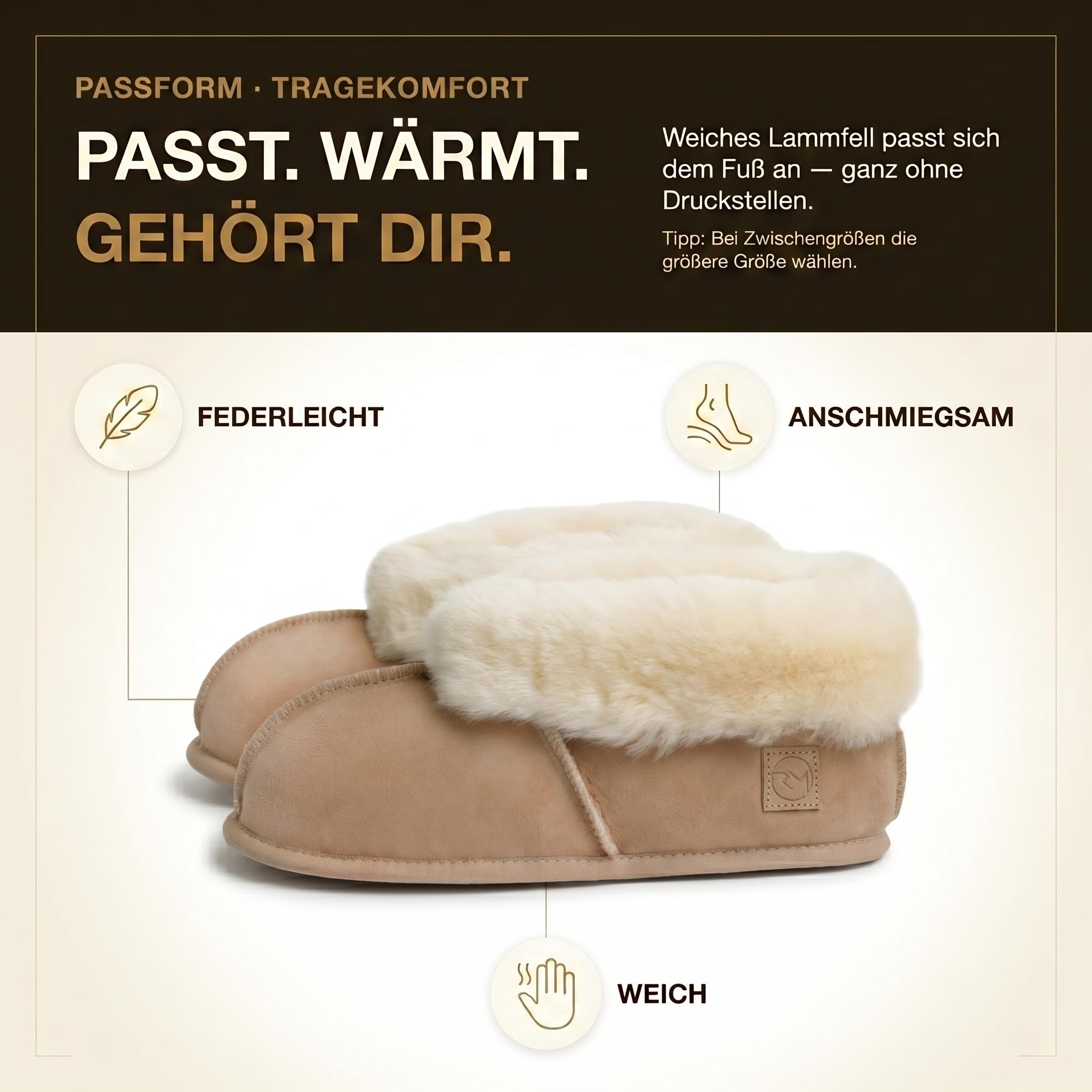 Rohn Moden Lammfell Hausschuhe für Damen und Herren – Chalet – Warme Hausschuhe mit Schaffell & weicher Ledersohle – Winter Pantoffeln für zuhause – Slipper gefüttert - Braun Grau
