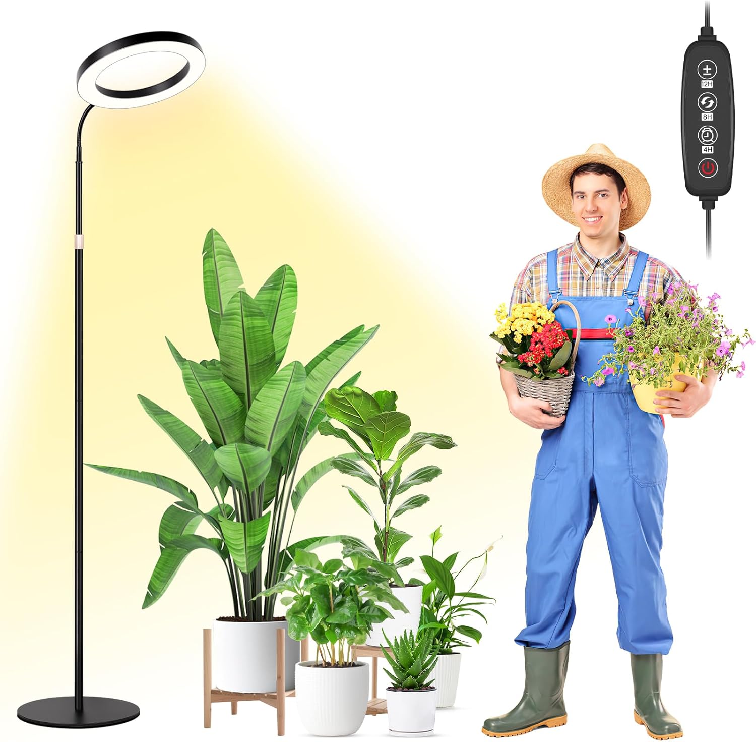 LBW 10.2in Grow Lights for Indoor Plants Full Spectrum with Stand, Floor Plant Growing Lamp for Large Plants, Auto ON/Off Timer 4/8/12H, 4 Dimmable Levels, 47.2-63 in Adjustable Height Jumbo-10.2"Diameter