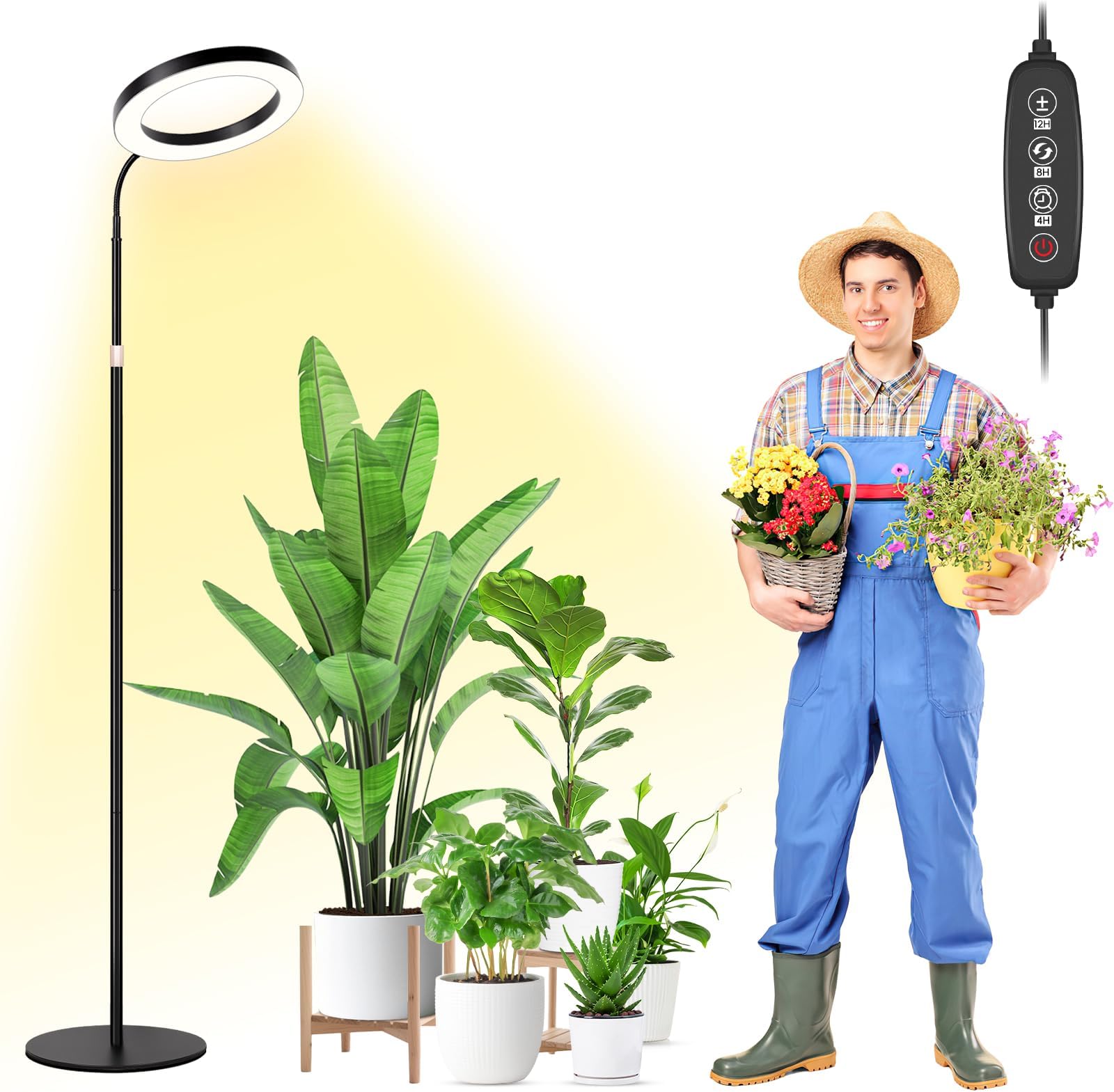LBW 10.2in Grow Lights for Indoor Plants Full Spectrum with Stand, Floor Plant Growing Lamp for Large Plants, Auto ON/Off Timer 4/8/12H, 4 Dimmable Levels, 68in Adjustable Height