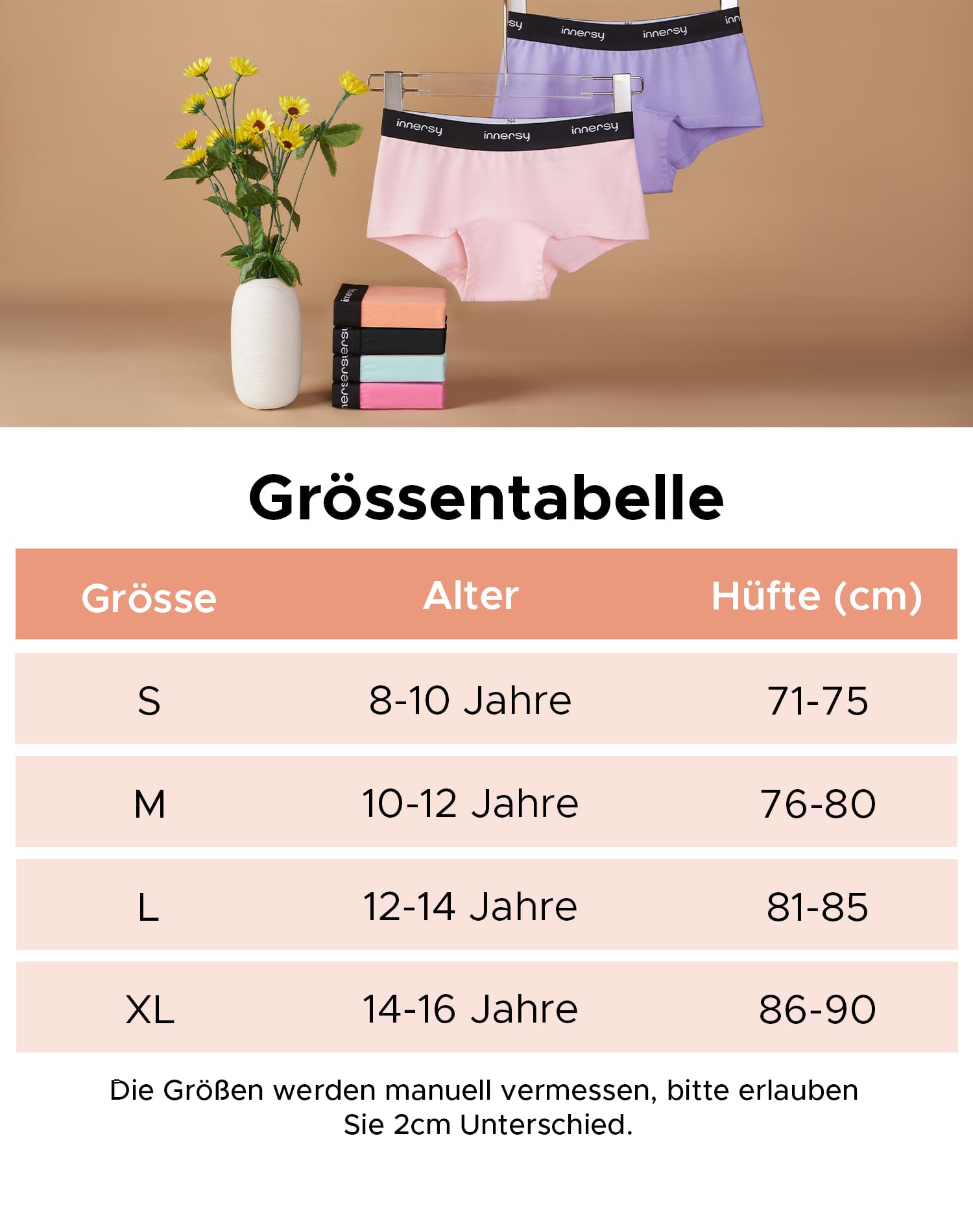 INNERSY Majtki dziewczęce bokserki bawełniane hipsterskie bielizna nastolatki 8-16 lat, 6 sztuk w opakowaniu