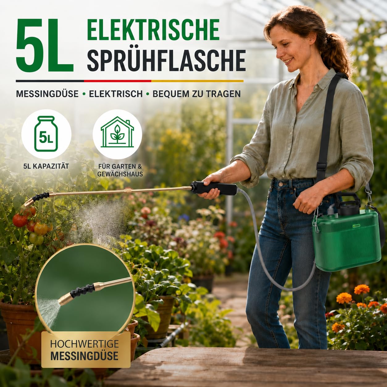 Pulverizador eléctrico 5L con batería 2200mAh, Lanza telescópica de Cobre 33–54cm 2 en 1, Lanza de Acero Inoxidable y Manguera 1m+3m, pulverizador batería para jardín y Plantas (5L)