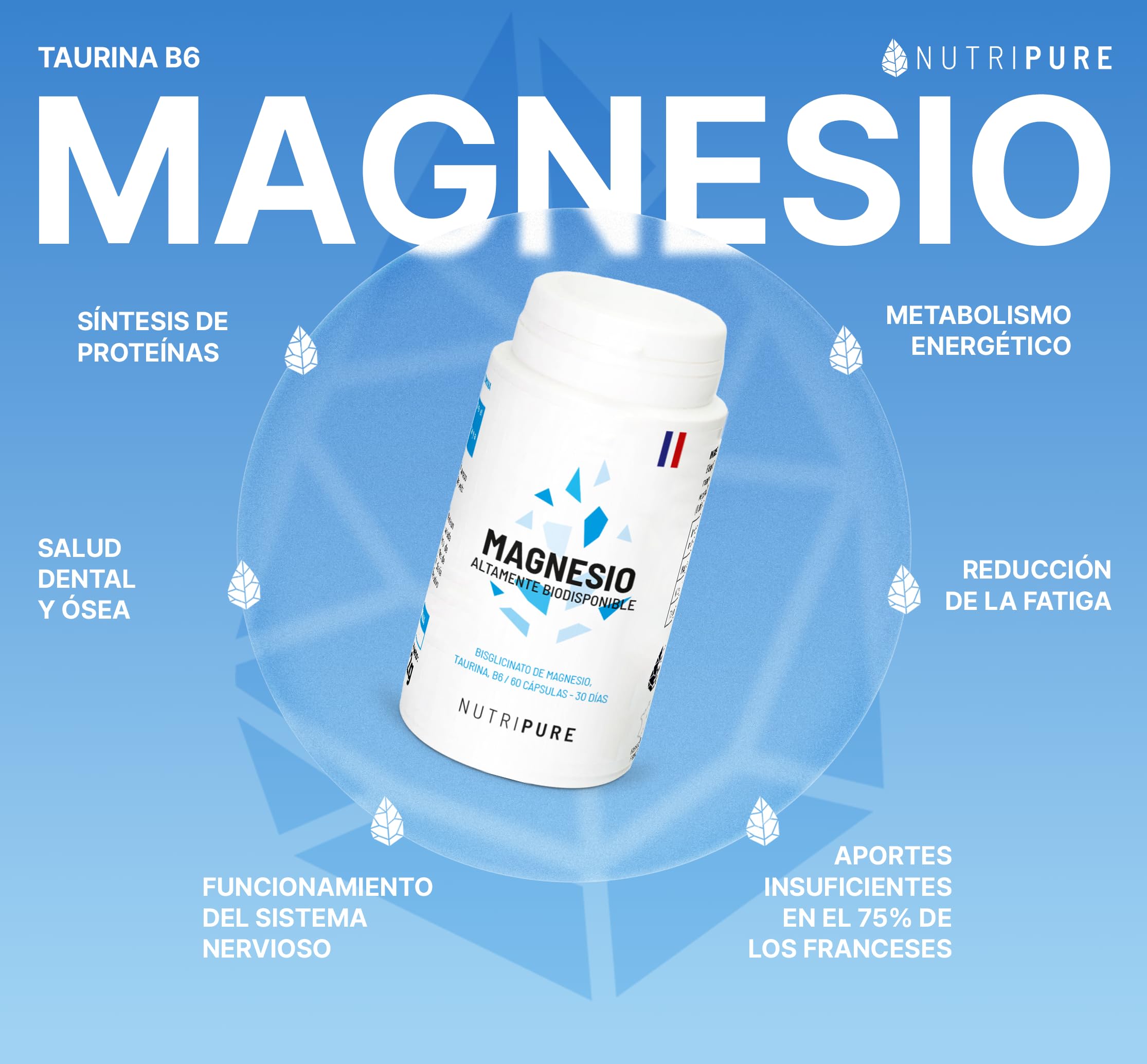 Nutripure | Magnesio Bisglicinato + Taurina & Vitamina B6 | Alta Absorción & Concentración | Antifatiga | 100% Vegano | 180 Cápsulas Vegetales | Tratamiento de 3 Meses | Made in France