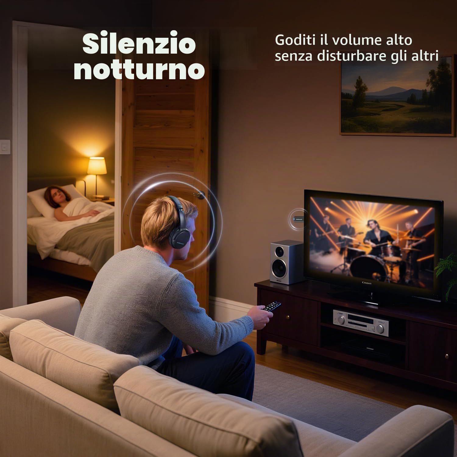 Holdsound Cuffie per TV Senza Fili con Trasmettitore USB (Inchiostro nero) | Cuffie TV Wireless, Alto Volume, Plug And Play, Senza Latenza Audio, Riproduzione Audio di 40 Ore