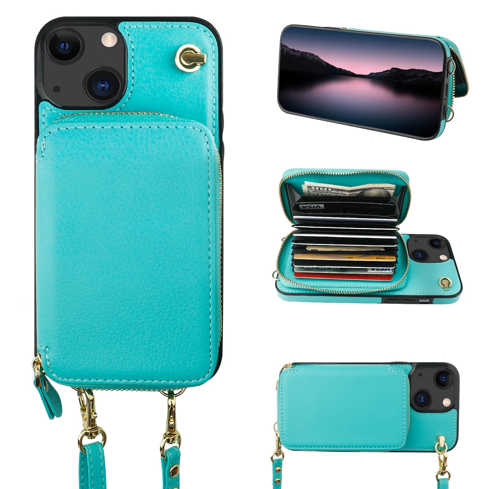 Bocasal Crossbody Wallet Case for iPhone 14/13, RFID Blocking Leather Purse Case with Card Holder, Protective Handbag Flip Cover with Zipper Wrist