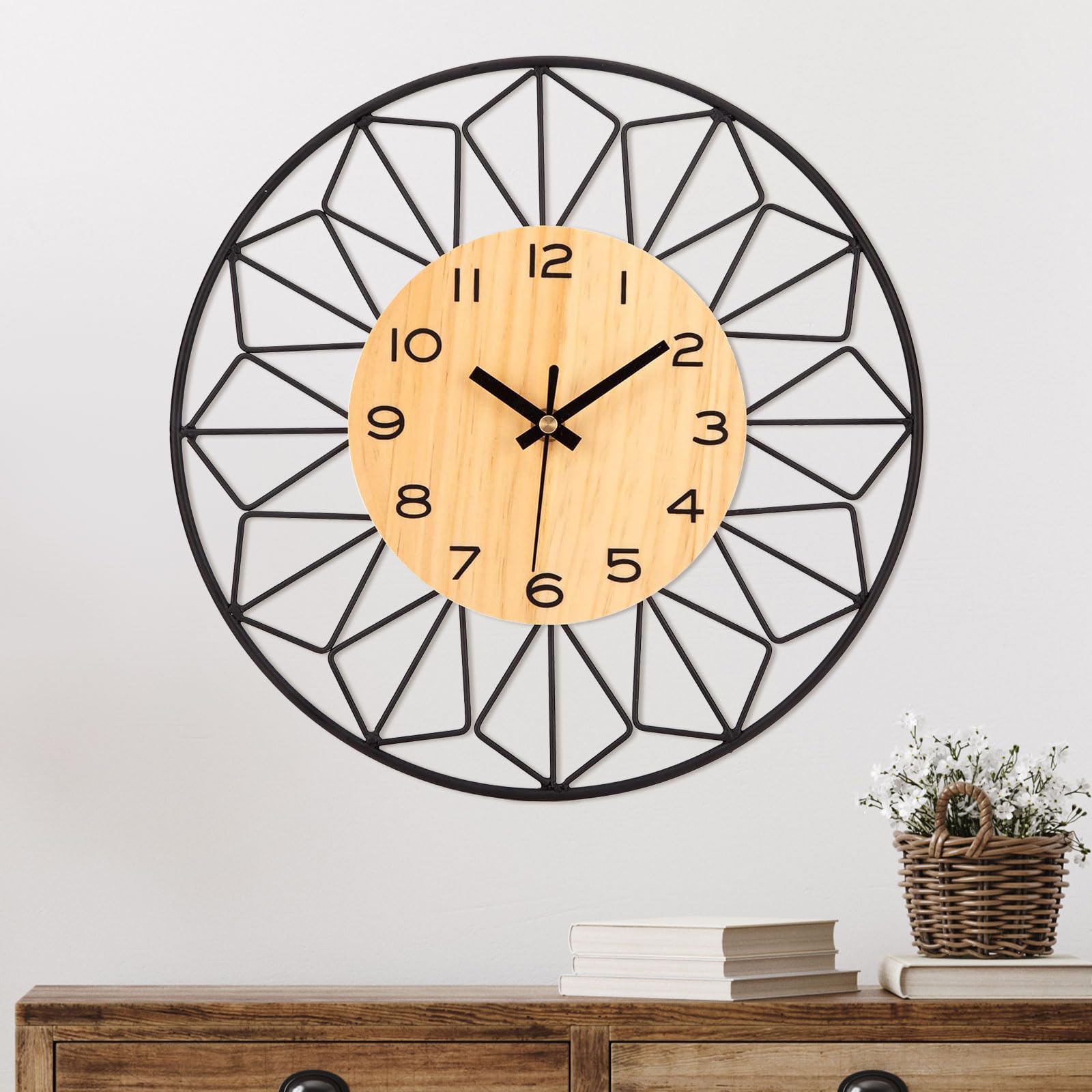 VIVILINEN Reloj de Pared Madera Maciza Metal 40 cm Silencioso Sin Tictac Para Sala de Estar, Dormitorio, Cocina, Oficina - Grande, Madera Natural, Clásico Moderno