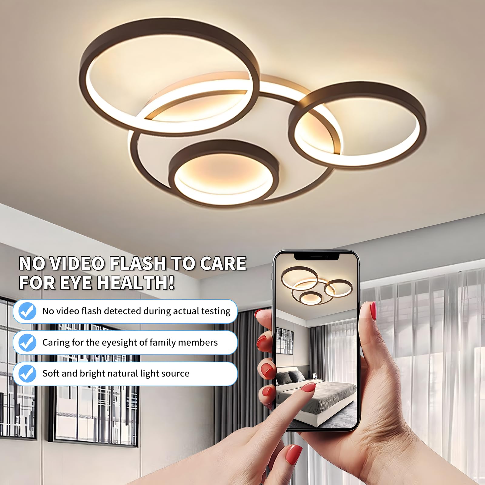 Nowoczesna LED Lampa Sufitowa, Ø53cm Czarna Lampa Multi Circle, 42W Płynną Regulacją Ściemniania 3000-6000K, Okrągły Metalowy Żyrandol + Akrylowy Żyrandol, Sypialnia Salon (4 Pierścienie)