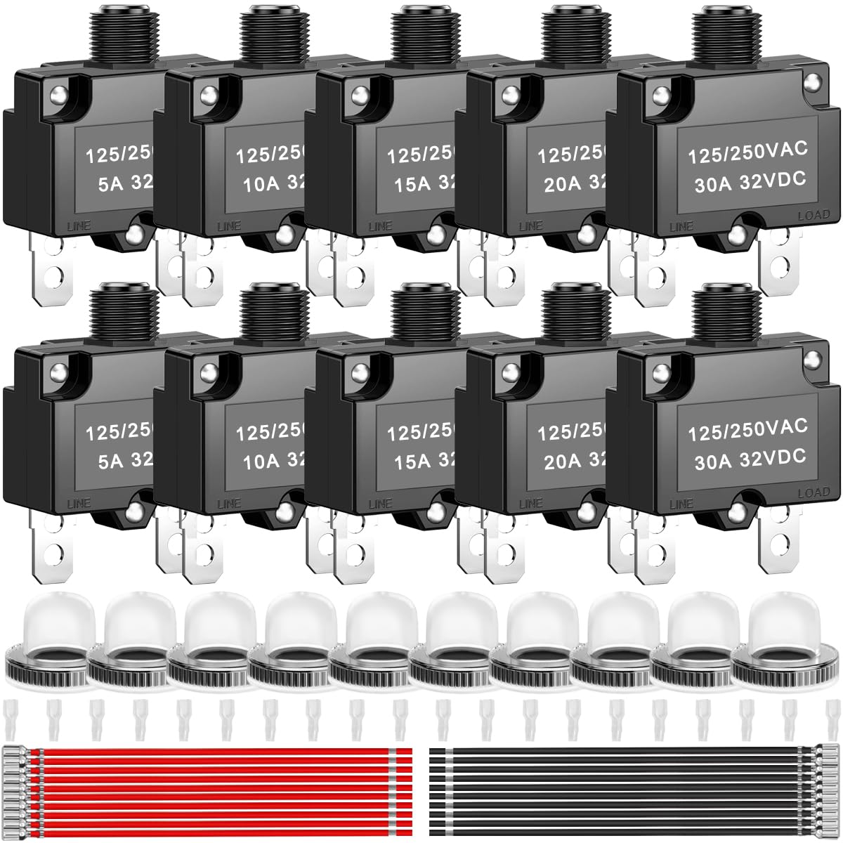 MKBKLLJY 10PCS Thermal Circuit Breaker 5A 10A 15A 20A 30A 32V DC 125/250V AC Push Button Manual Reset Overload Protector Accessory Kits with Waterproof Button Cap Terminal wire 6.3mm Sheath