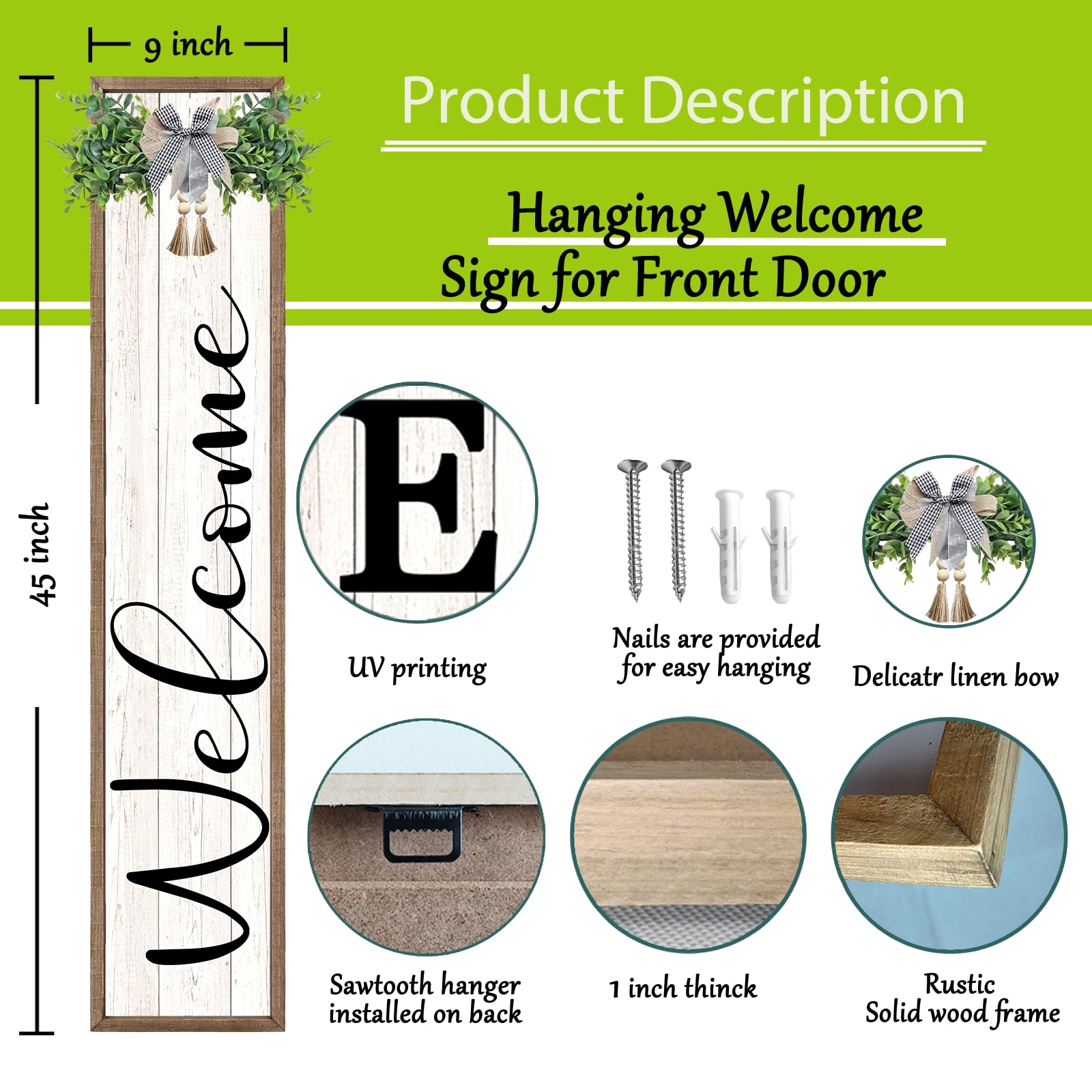 Outdoor Welcome Sign for Front Porch Standing 45"X9" Vertical Leaner Wood Frame Tall Outside Rustic Large farmhouse Home Decor Welcome Sign for Front Door Decorations (Wood White)