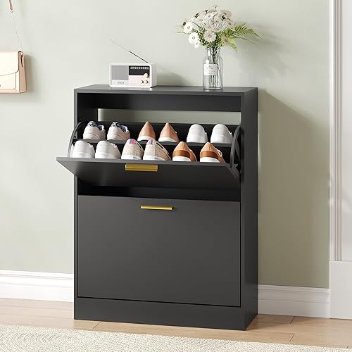 Miniatura 61 de Armario de almacenamiento de zapatos para entrada, delgado y estrecho con 2 cajones abatibles, organizador de zapatos oculto independiente, gabinete