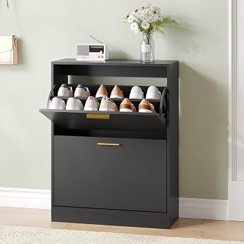 Shoe Cabinet Storage for Entryway, White Shoe Organizer with 2 Flip Drawers & Open Shelf, Freestanding Hidden Large Shoe Storage Cabinet 1pc-Black, 2 Flip Drawers