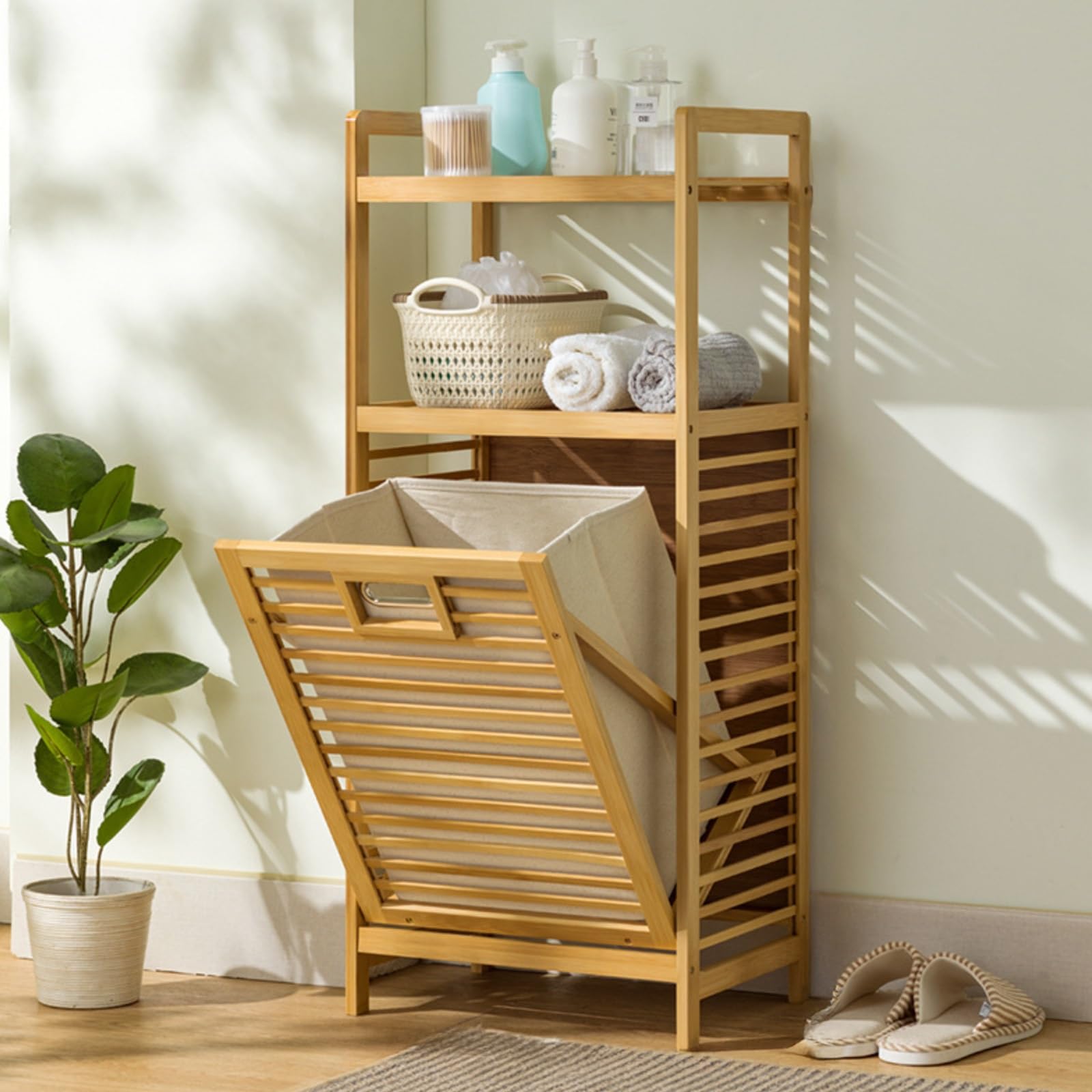ERSINIAN Panier à linge en bambou avec sac amovible et étagère de rangement, montage facile, idéal pour salles de bain, chambres, résidences étudiantes et buanderies.