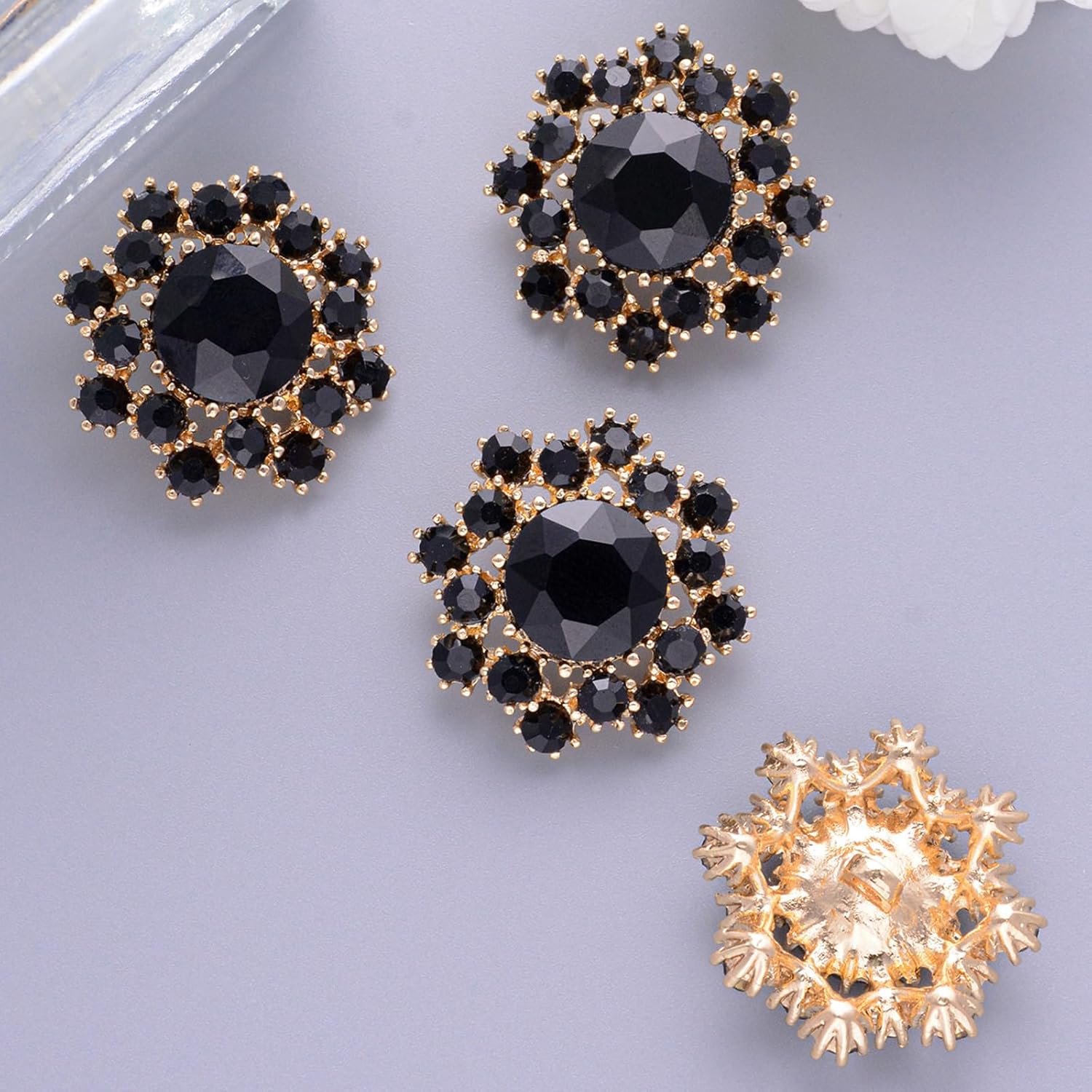 10PCS Crystal Rhinestone Flower Button Applique Embellishments, Clothing Sewing Button Accessory for DIY Jewelry, Wedding Party Bouquet, Craft Decoration (Black) - Image 2