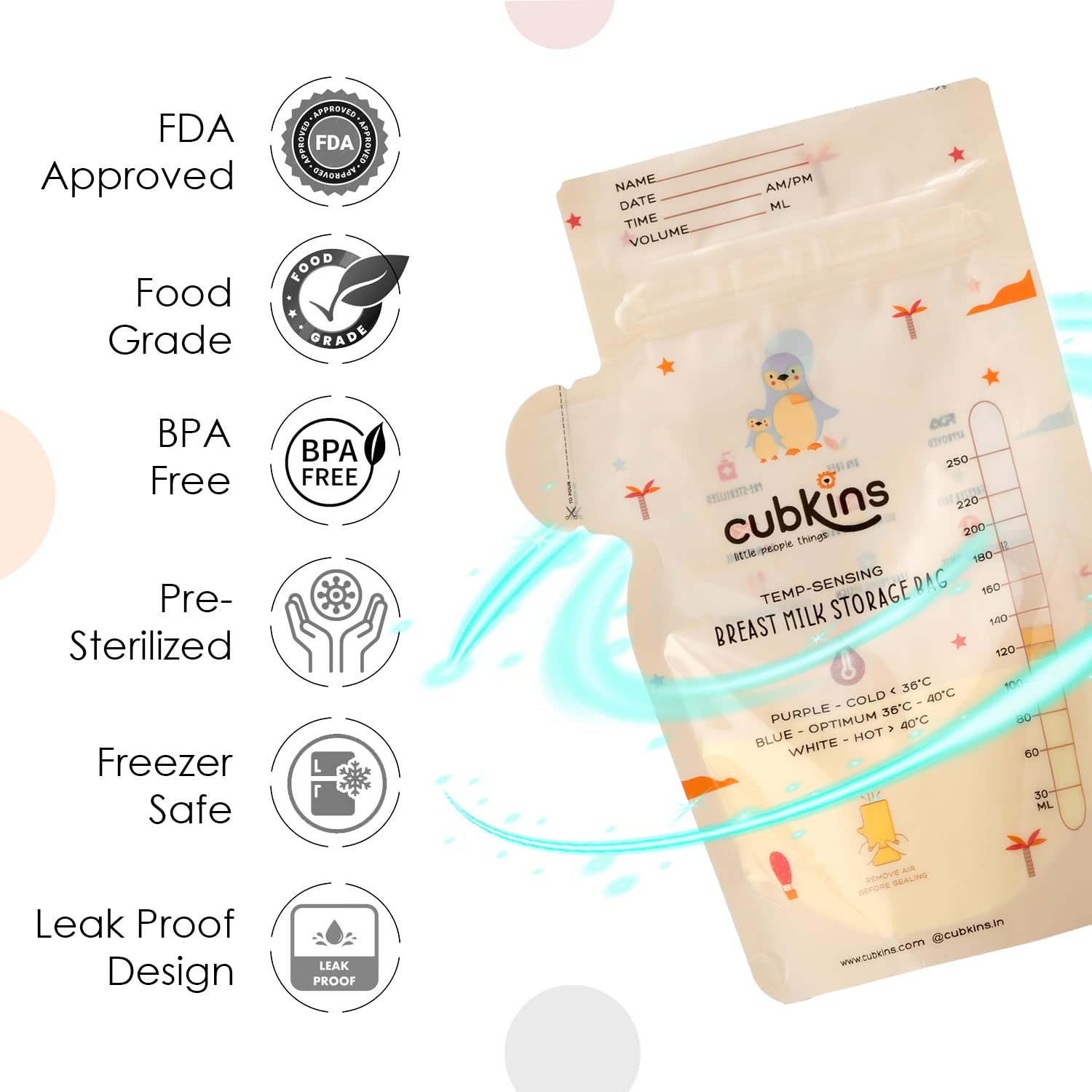 CUBKINS Breast Milk Storage Bags (Pack of 25), Pre-Sterilized, Smart Temp Sensor, BPA Free, Single Use, Leak Proof Double Zip, Separate Fill & Pour Spouts, 250 ml Capacity, Marker Included,Beige - Image 2 thumbnail