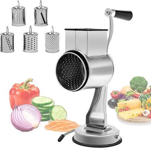 Rallador rotativo de queso vegetal de acero inoxidable, rebanador de patatas, 5 en 1, rallador de queso de encimera, triturador manual de cocina,