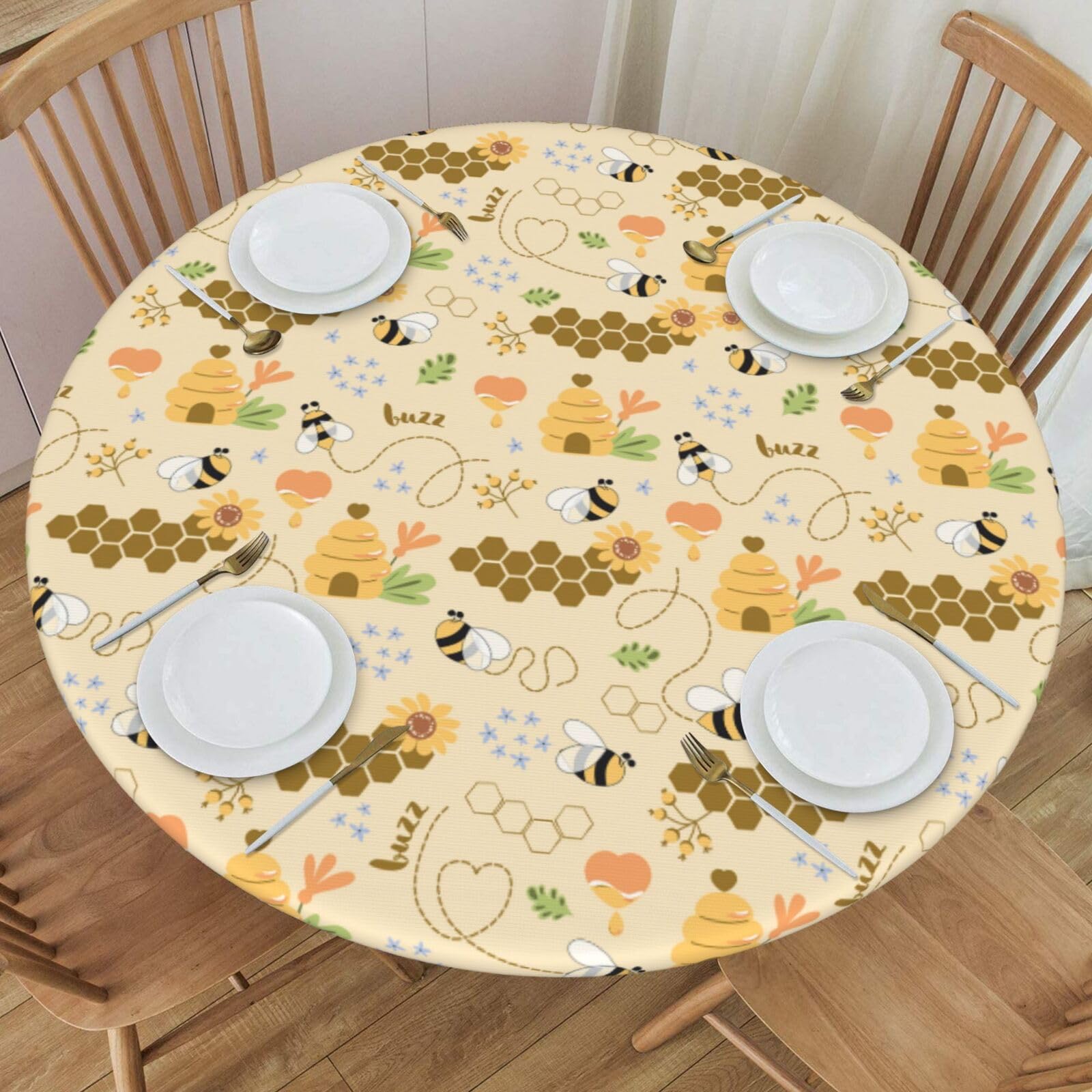 Delerain Bees Flower Round Fitted Tablecloth, Waterproof Round Table Cloth with Elastic Edged Washable Table Cover for Indoor Outdoor Fits 45