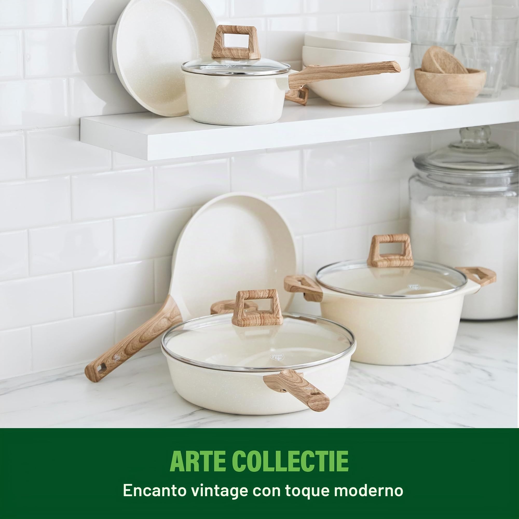 GreenChef Arte - Juego de 2 sartenes antiadherentes de cerámica (24 cm y 28 cm, sin PFAS, aptas para inducción, mango de madera), color crema
